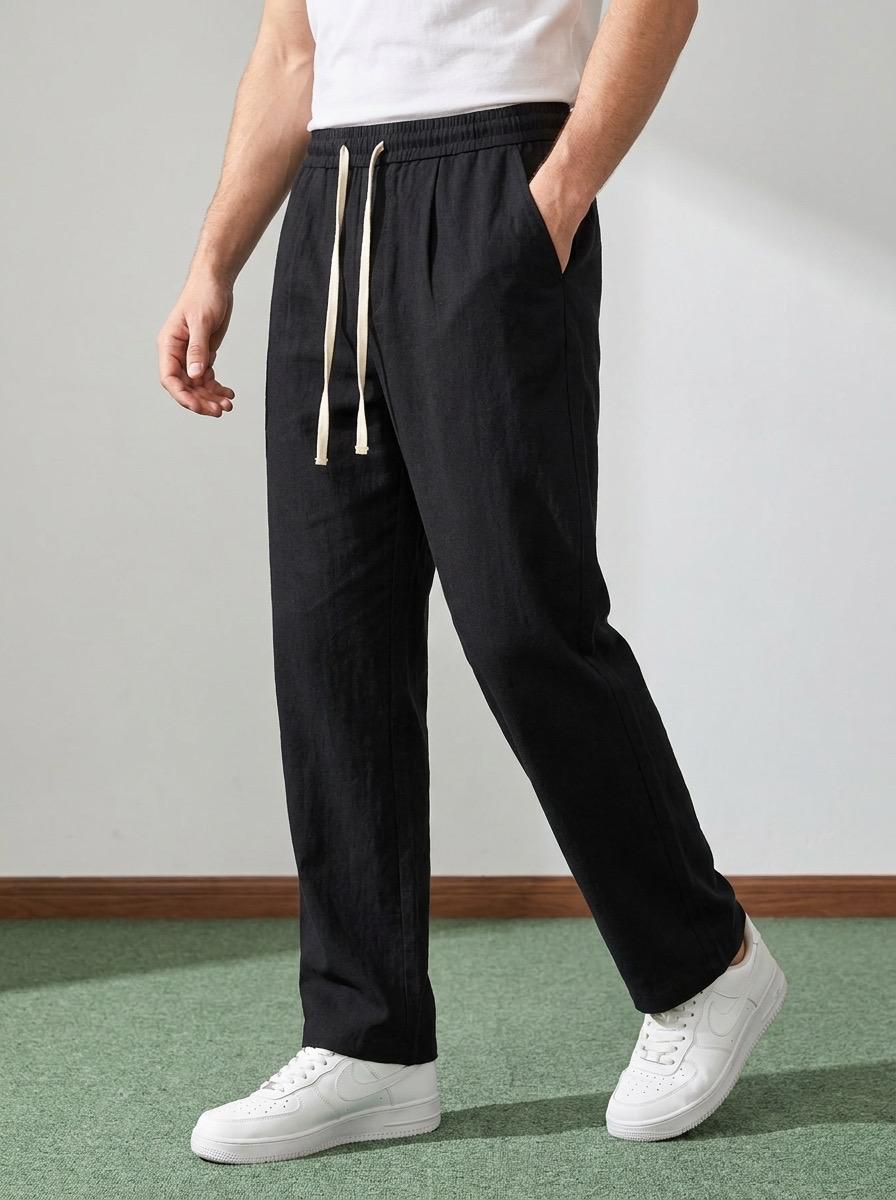 Erkek Baggy Kalıp Beli Lastikli %100 Pamuk Keten Görünümlü Pantolon Siyah 1007DNGR