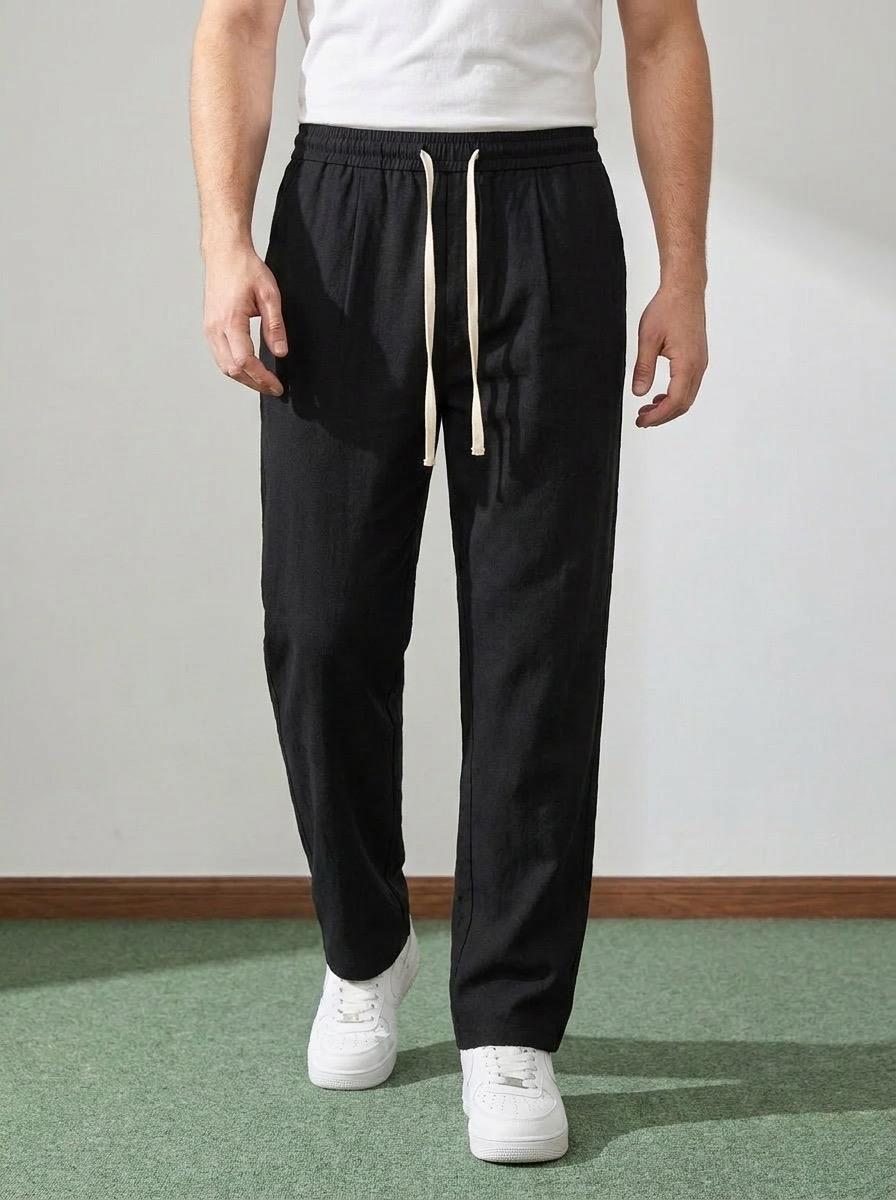 Erkek Baggy Kalıp Beli Lastikli %100 Pamuk Keten Görünümlü Pantolon Siyah 1007DNGR