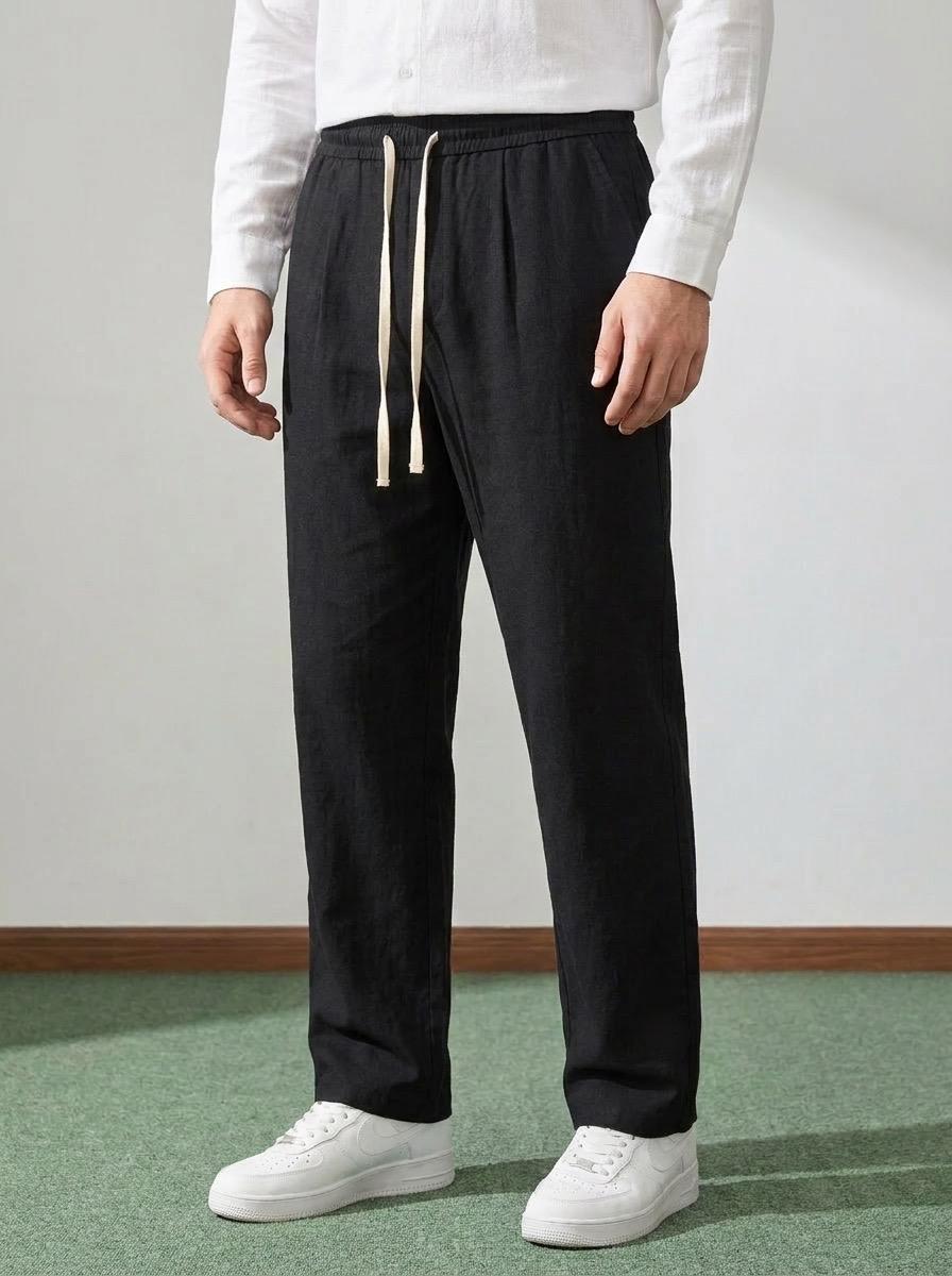 Erkek Baggy Kalıp Beli Lastikli %100 Pamuk Keten Görünümlü Pantolon Siyah 1007DNGR