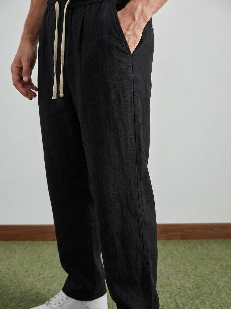 Erkek Baggy Kalıp Beli Lastikli %100 Pamuk Keten Görünümlü Pantolon Siyah 1007DNGR