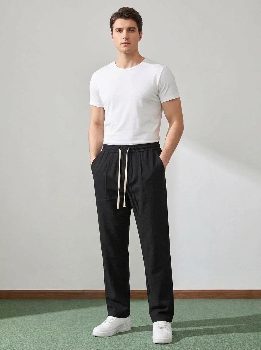 Erkek Baggy Kalıp Beli Lastikli %100 Pamuk Keten Görünümlü Pantolon Siyah 1007DNGR