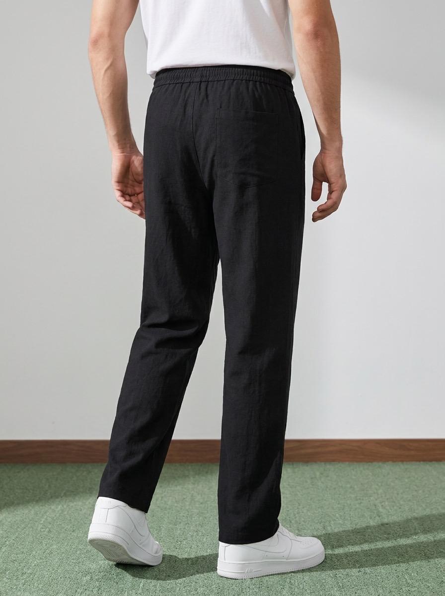 Erkek Baggy Kalıp Beli Lastikli %100 Pamuk Keten Görünümlü Pantolon Siyah 1007DNGR