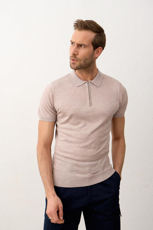 Erkek Basic Slim-Fit Polo Yaka Yazlık Triko T-shirt Açık Kahve 5009DNGR