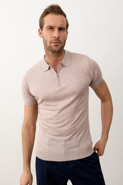 Erkek Basic Slim-Fit Polo Yaka Yazlık Triko T-shirt Açık Kahve 5009DNGR