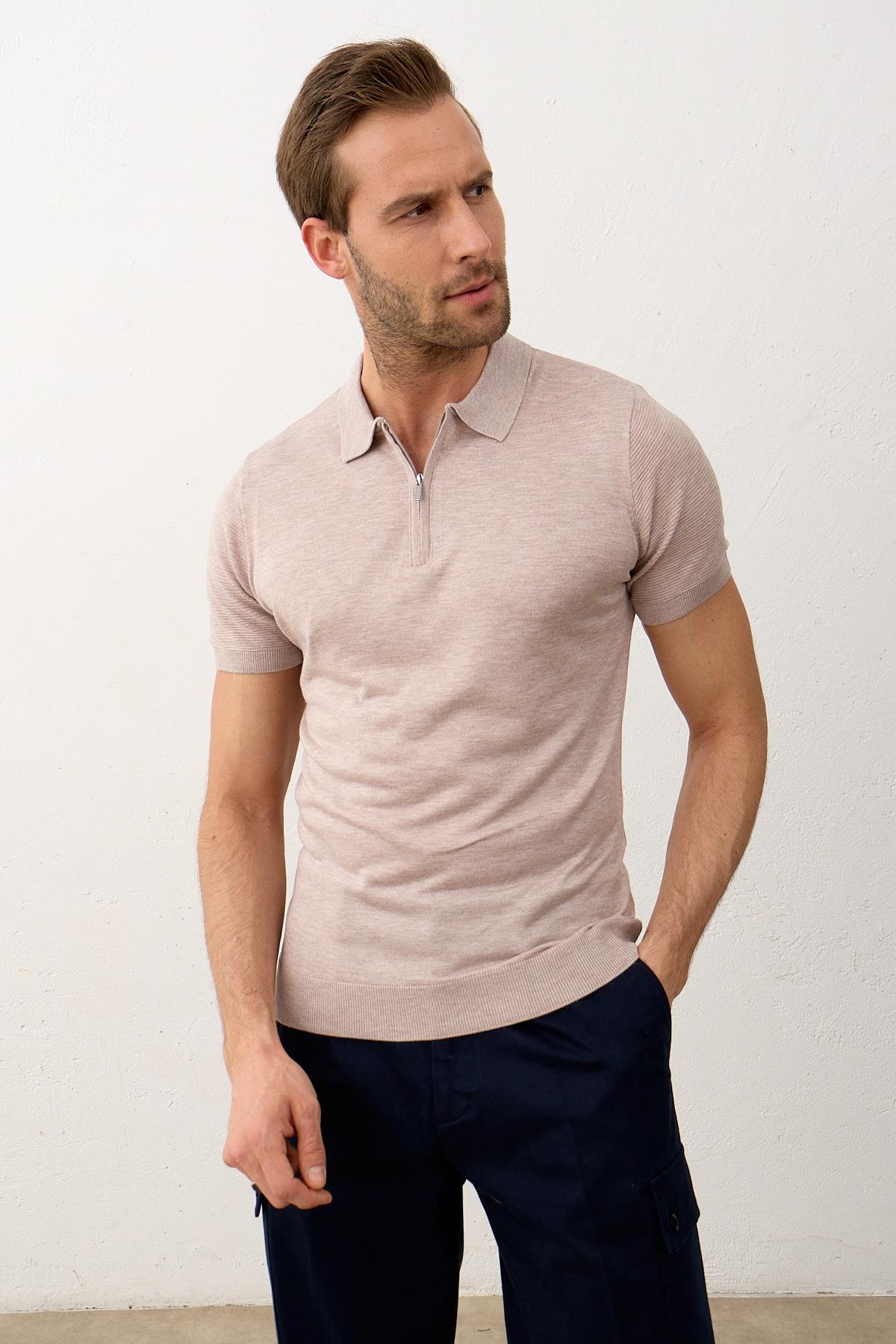 Erkek Basic Slim-Fit Polo Yaka Yazlık Triko T-shirt Açık Kahve 5009DNGR