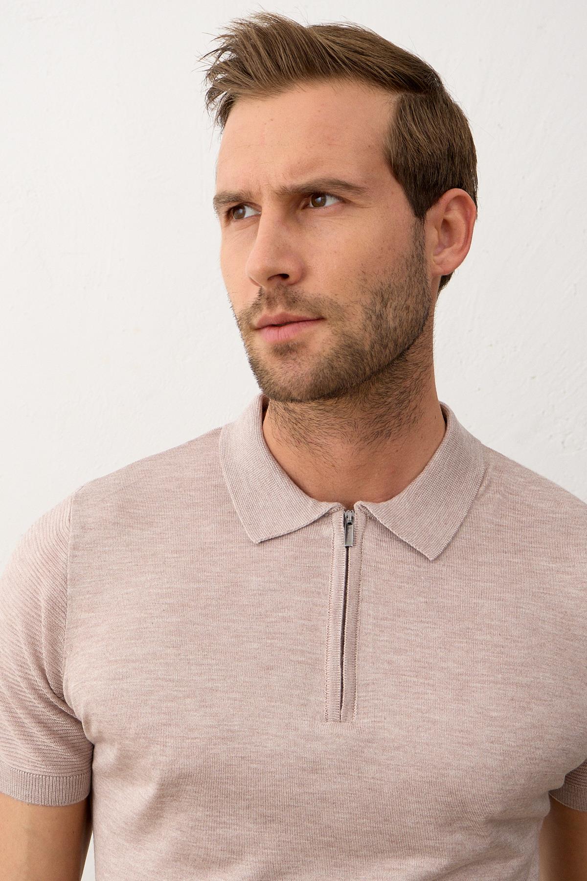 Erkek Basic Slim-Fit Polo Yaka Yazlık Triko T-shirt Açık Kahve 5009DNGR
