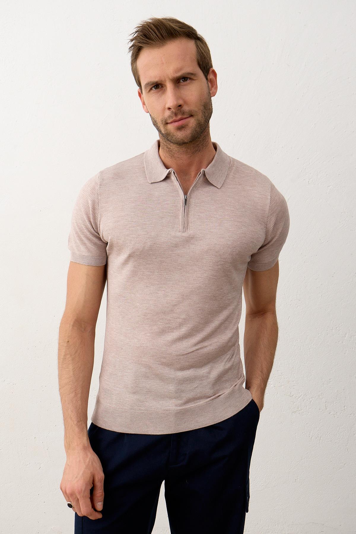 Erkek Basic Slim-Fit Polo Yaka Yazlık Triko T-shirt Açık Kahve 5009DNGR