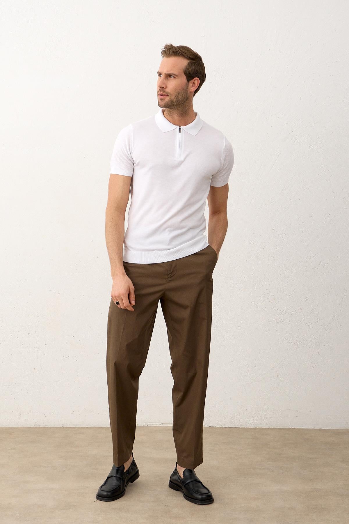 Erkek Basic Slim-Fit Polo Yaka Yazlık Triko T-shirt Beyaz 5009DNGR