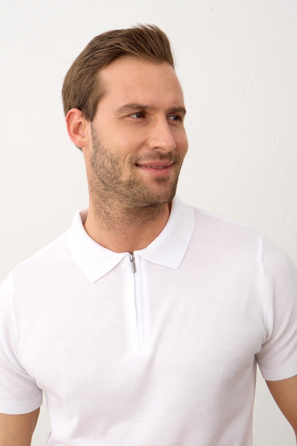 Erkek Basic Slim-Fit Polo Yaka Yazlık Triko T-shirt Beyaz 5009DNGR