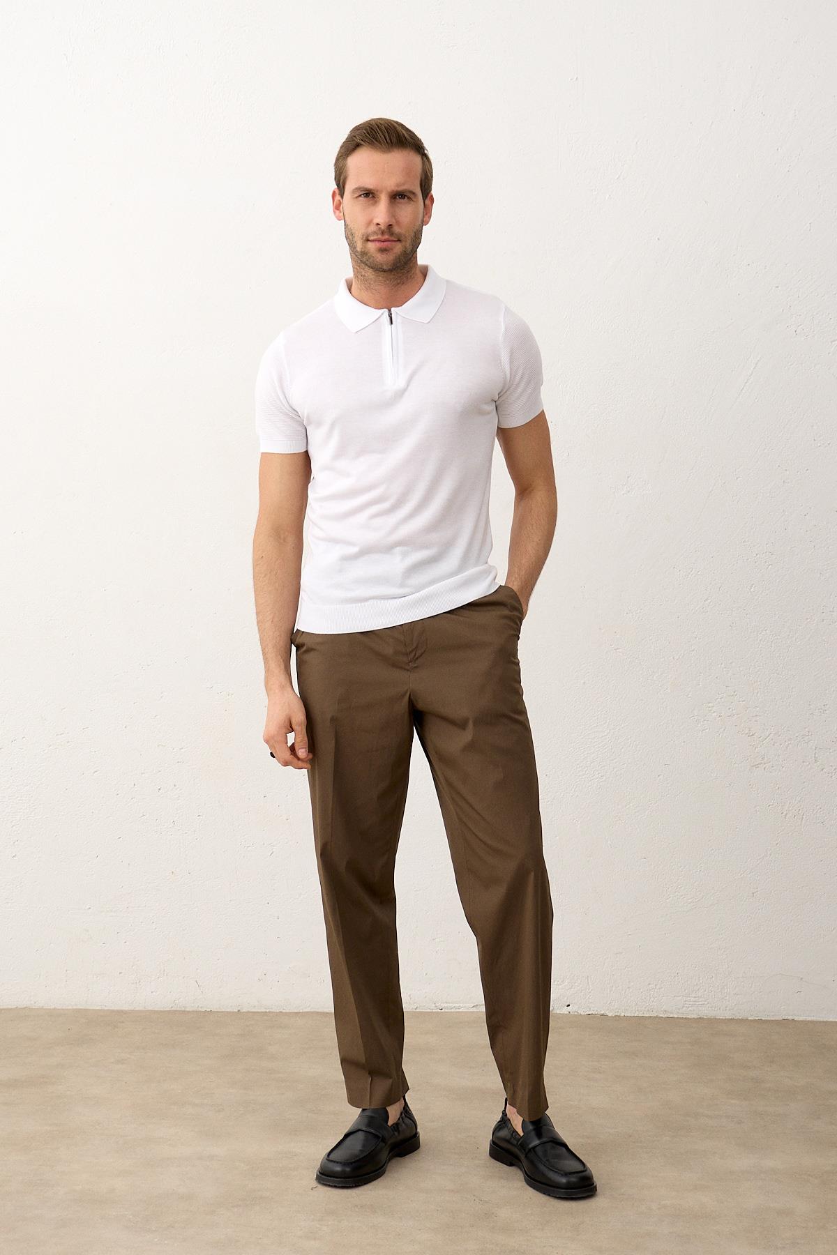 Erkek Basic Slim-Fit Polo Yaka Yazlık Triko T-shirt Beyaz 5009DNGR