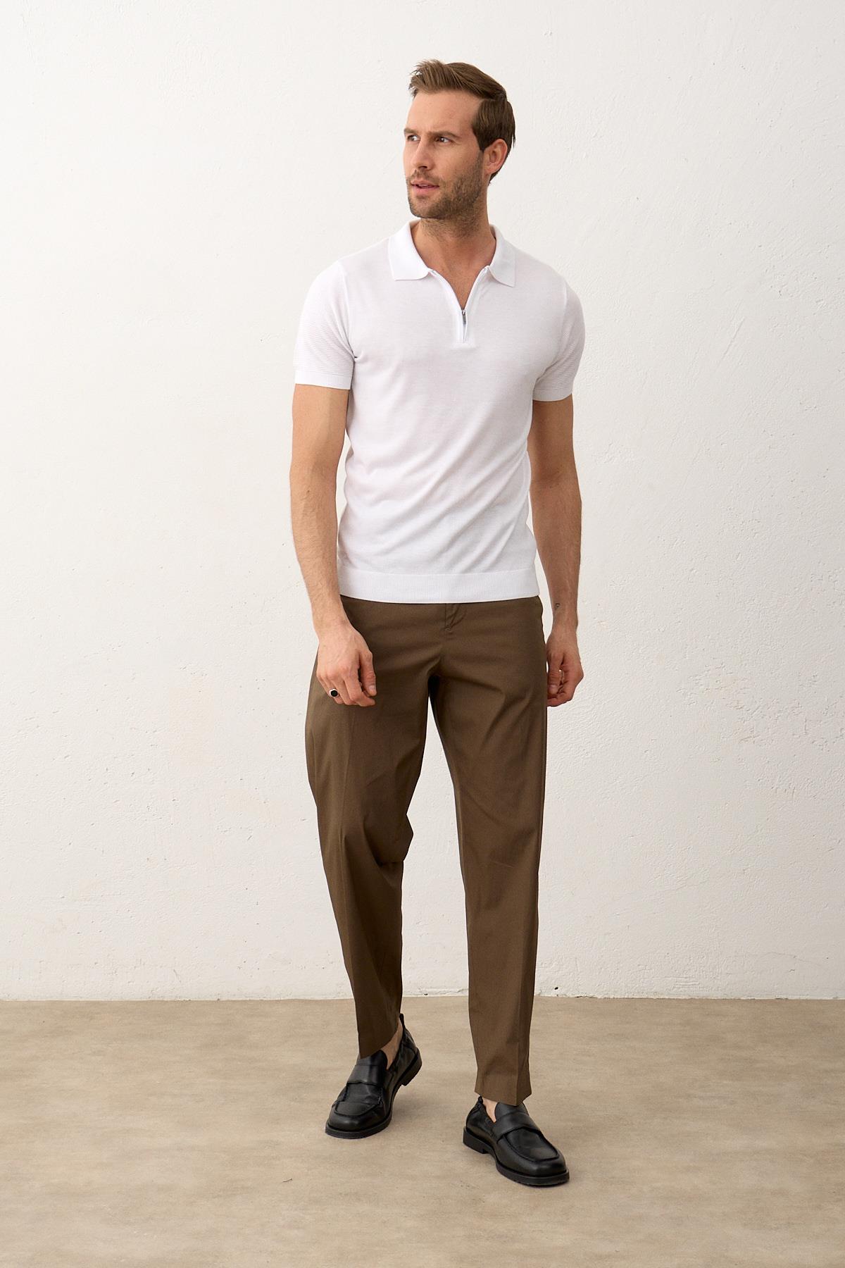 Erkek Basic Slim-Fit Polo Yaka Yazlık Triko T-shirt Beyaz 5009DNGR