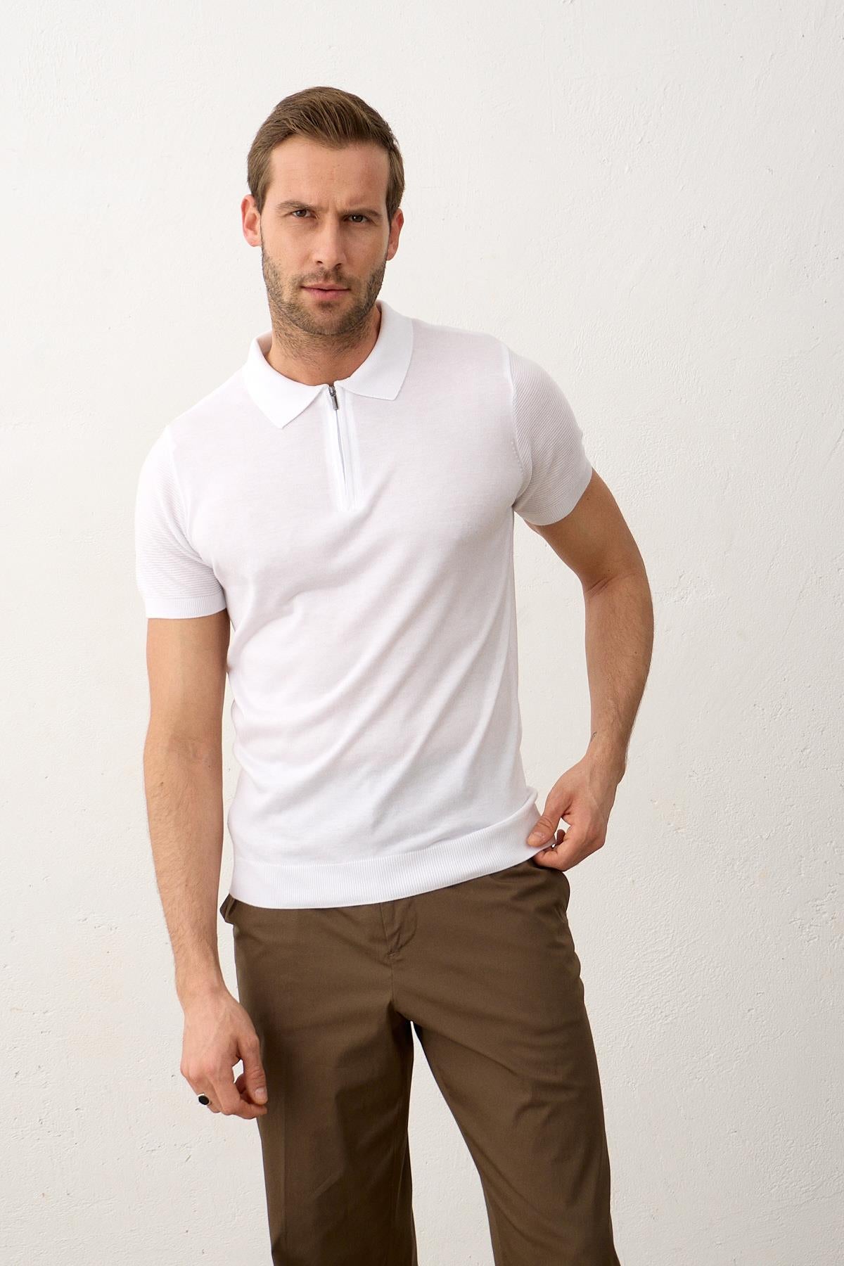 Erkek Basic Slim-Fit Polo Yaka Yazlık Triko T-shirt Beyaz 5009DNGR