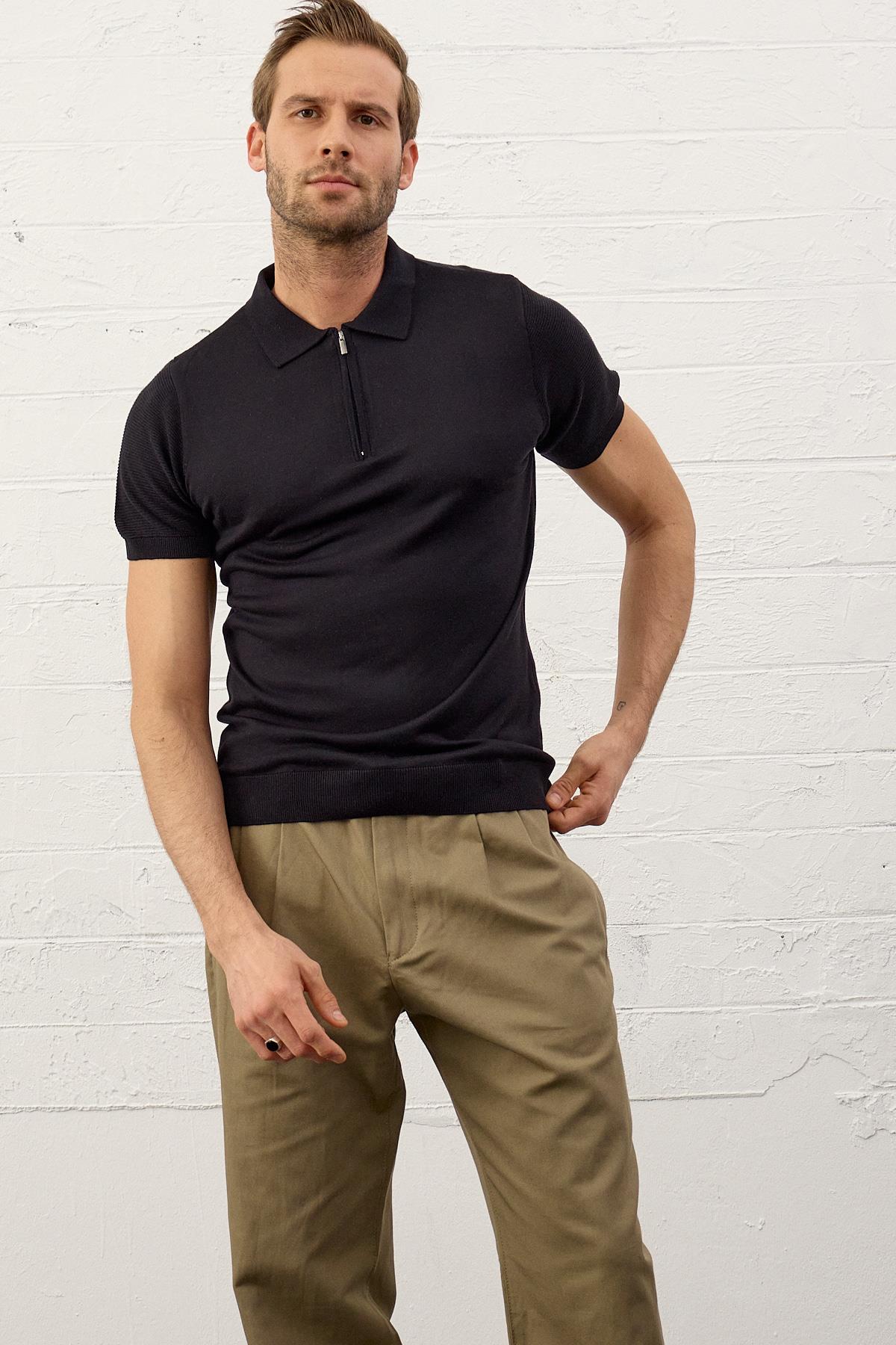 Erkek Basic Slim-Fit Polo Yaka Yazlık Triko T-shirt Koyu Lacivert 5009DNGR