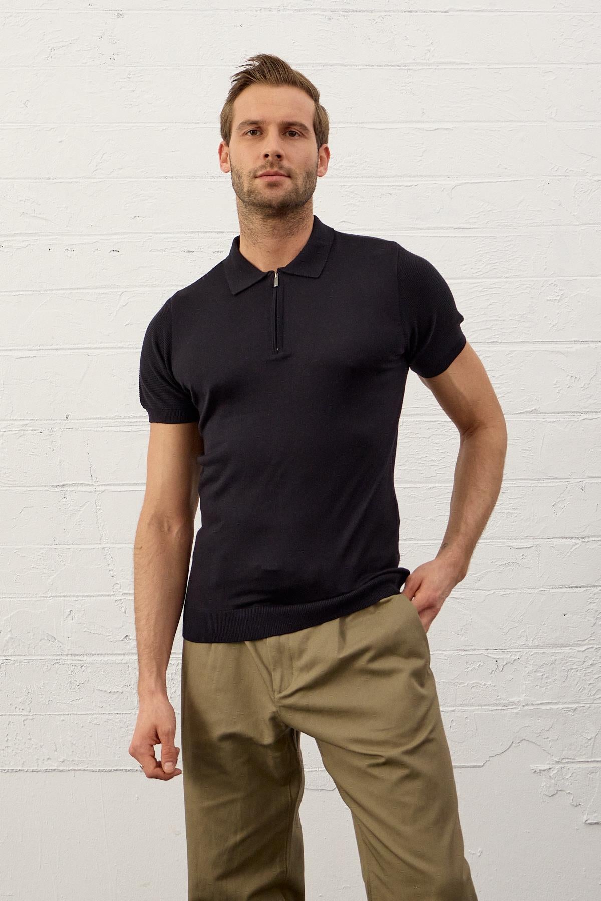 Erkek Basic Slim-Fit Polo Yaka Yazlık Triko T-shirt Koyu Lacivert 5009DNGR