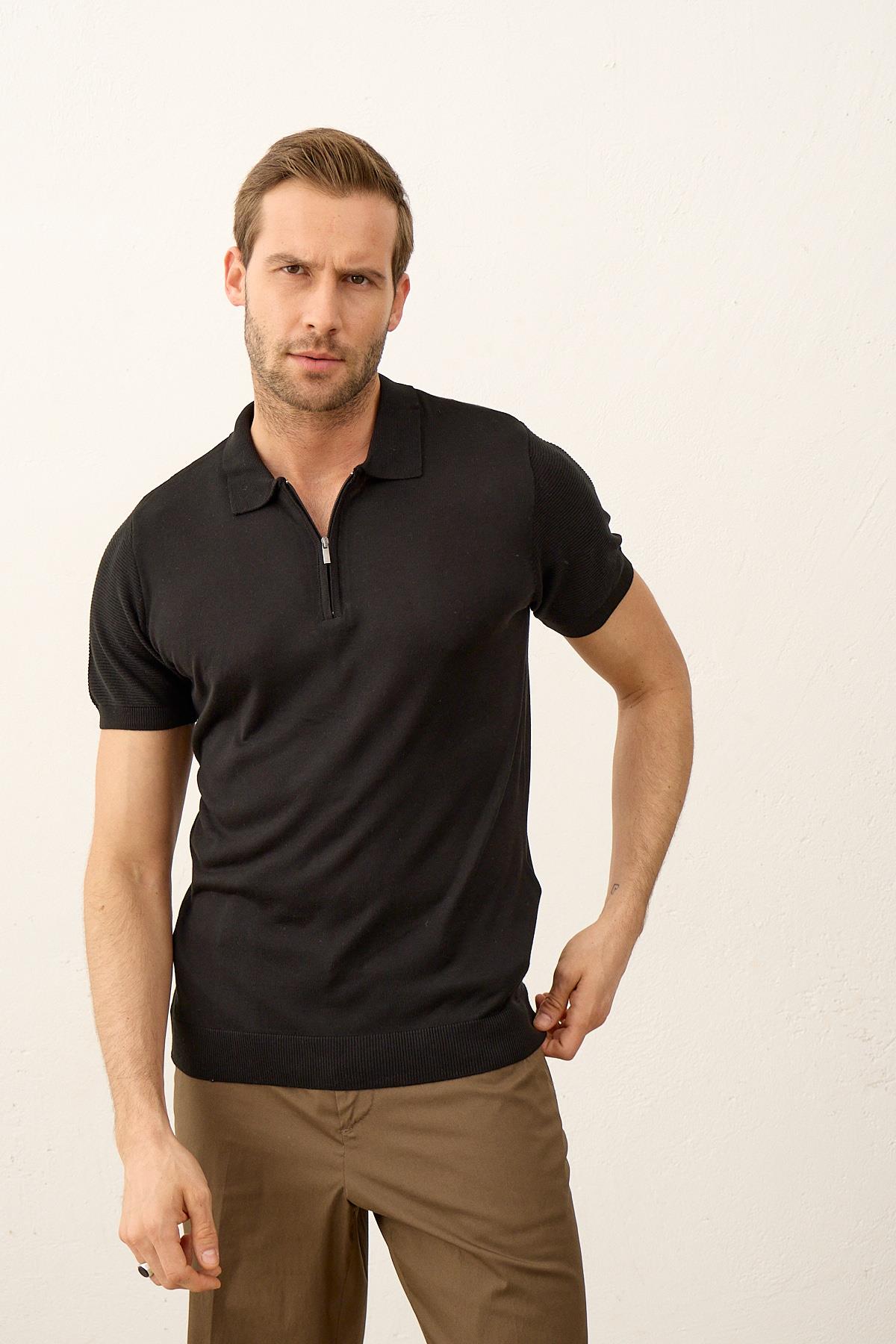 Erkek Basic Slim-Fit Polo Yaka Yazlık Triko T-shirt Siyah 5009DNGR