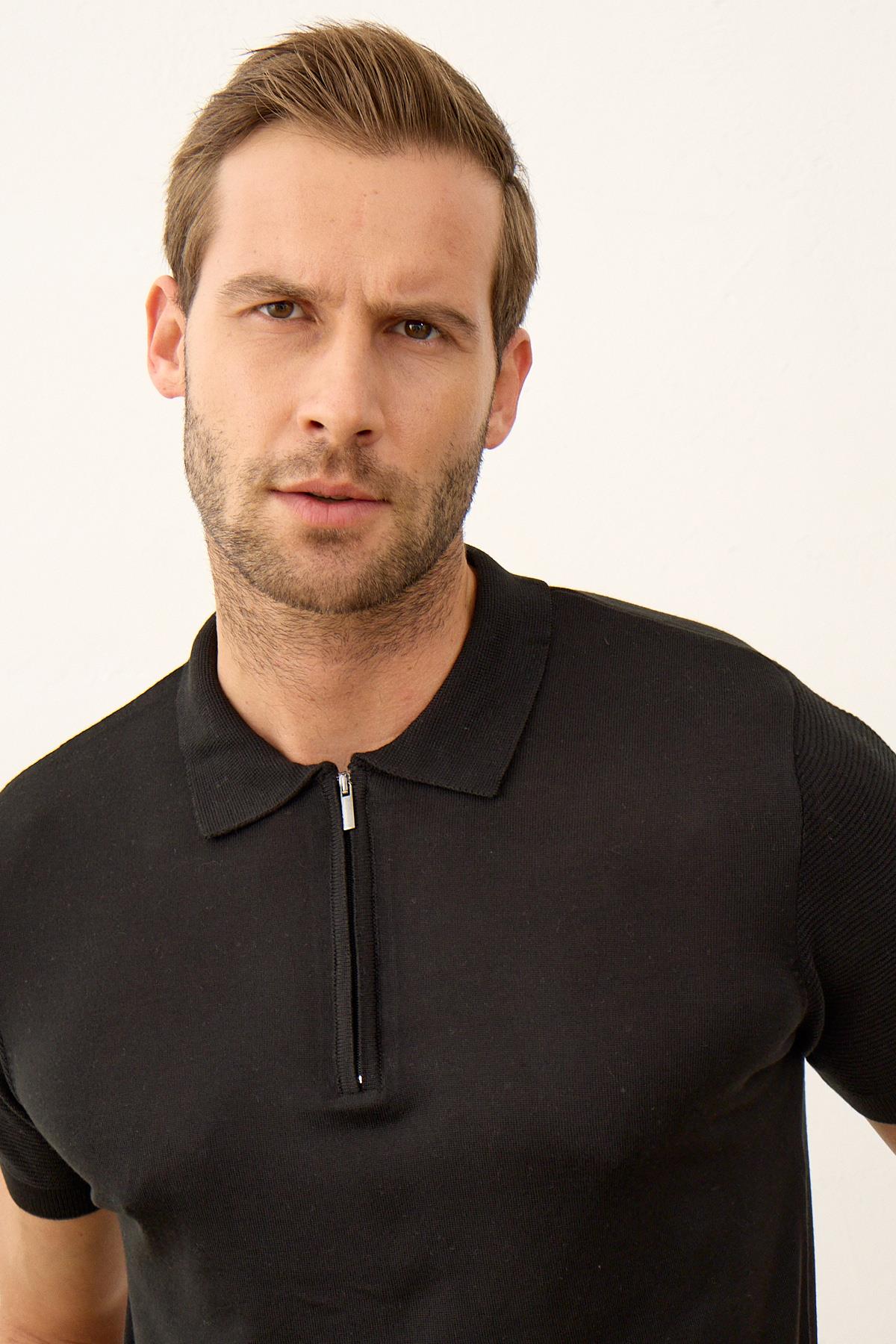 Erkek Basic Slim-Fit Polo Yaka Yazlık Triko T-shirt Siyah 5009DNGR