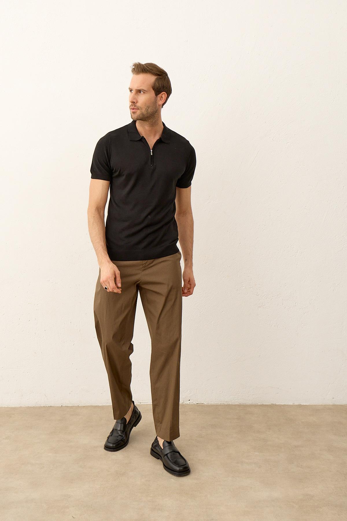 Erkek Basic Slim-Fit Polo Yaka Yazlık Triko T-shirt Siyah 5009DNGR