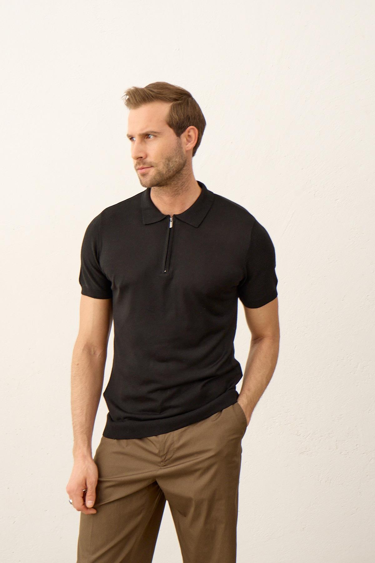 Erkek Basic Slim-Fit Polo Yaka Yazlık Triko T-shirt Siyah 5009DNGR
