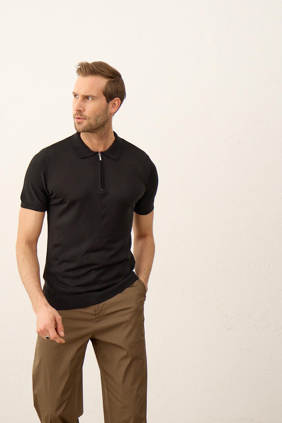 Erkek Basic Slim-Fit Polo Yaka Yazlık Triko T-shirt Siyah 5009DNGR