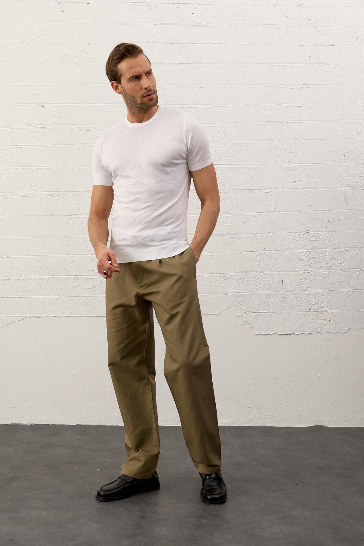 Erkek Bisiklet Yaka Slim-Fit Yazlık Triko Tişört  Beyaz 5017DNGR