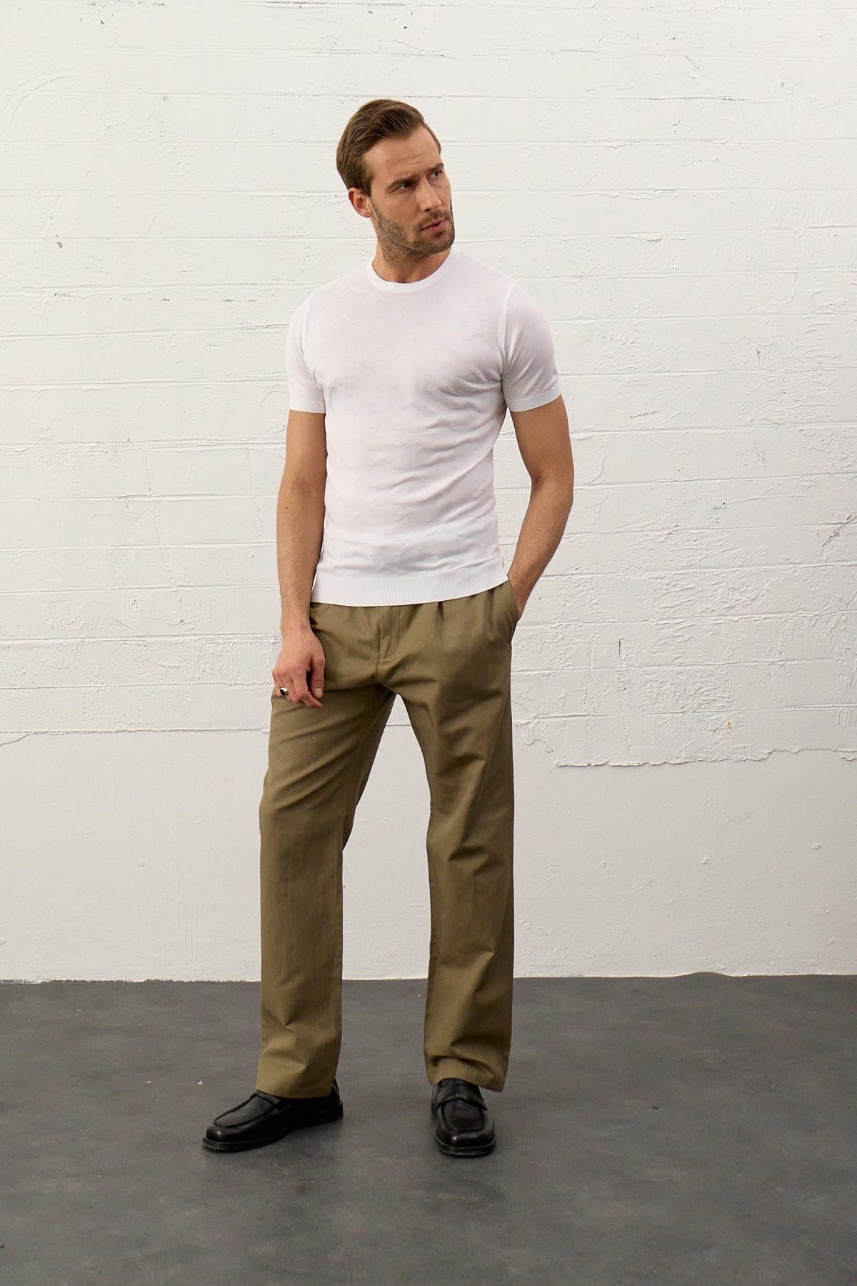 Erkek Bisiklet Yaka Slim-Fit Yazlık Triko Tişört  Beyaz 5017DNGR
