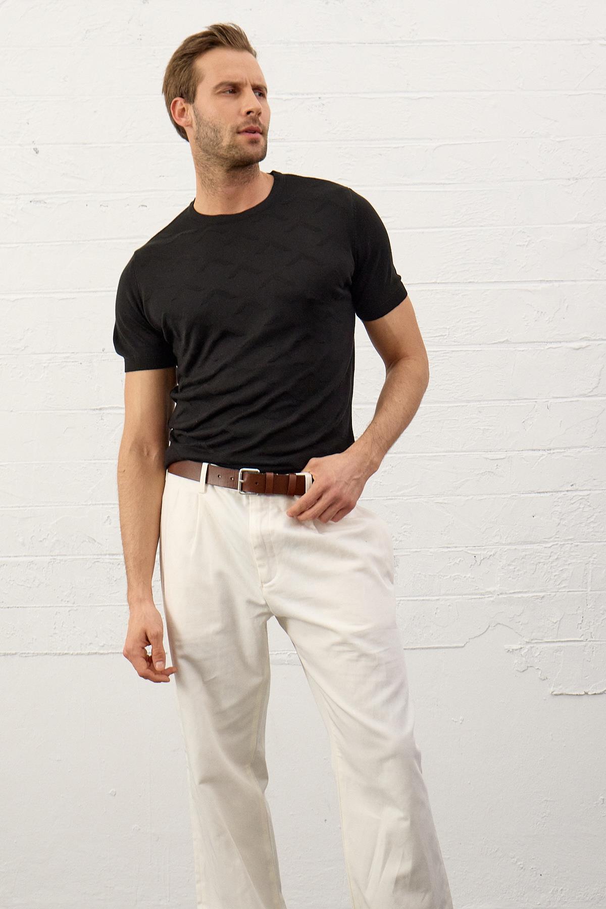 Erkek Bisiklet Yaka Slim-Fit Yazlık Triko Tişört Siyah 5017DNGR