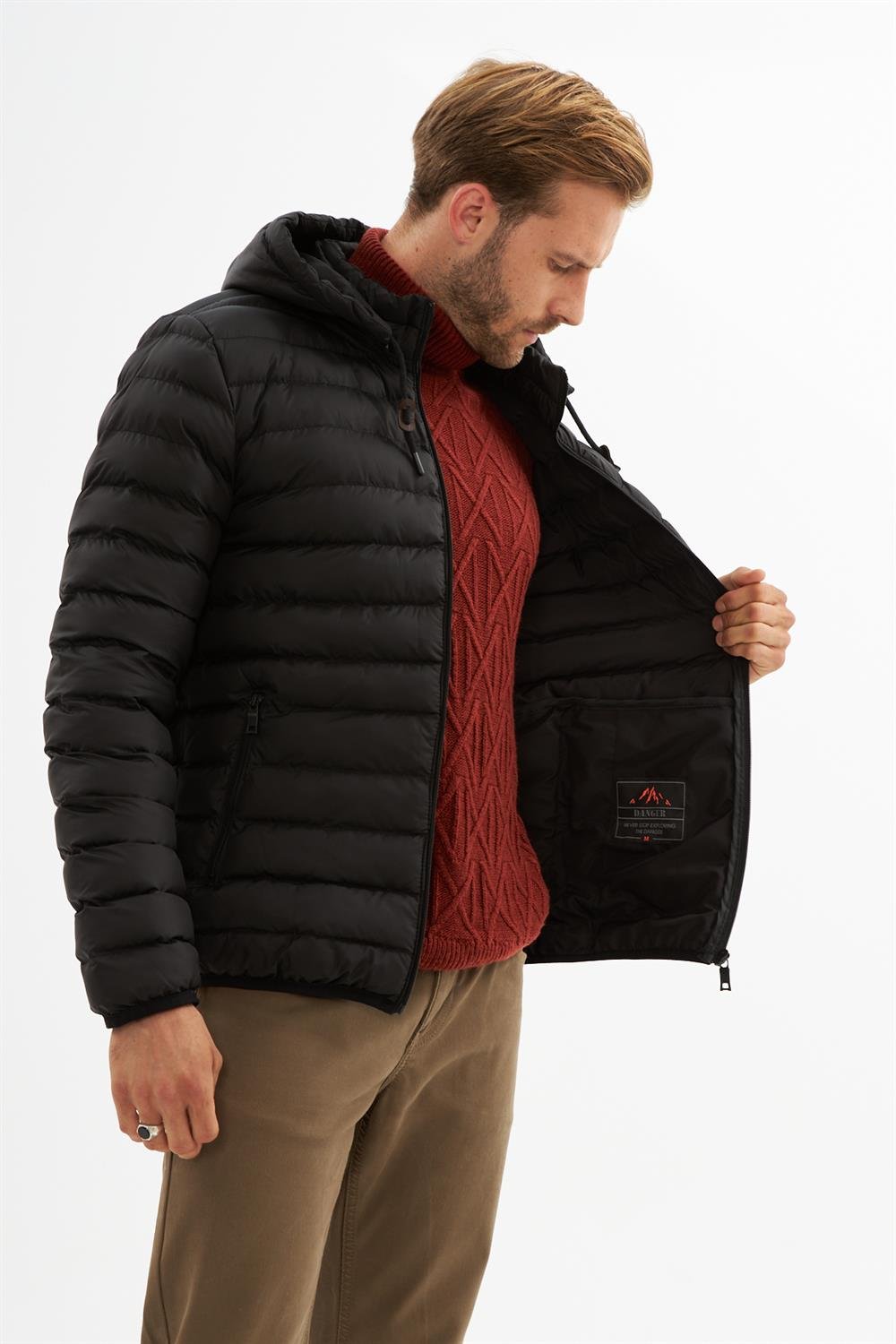 Erkek Çıkarılabilir Kapüşonlu Basic Şişme Mont Siyah 32DNGRSIY