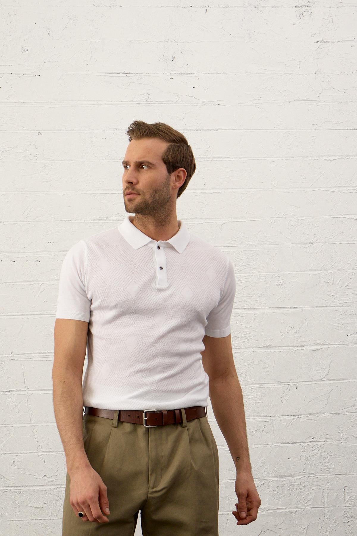 Erkek Çıtçıt Kapamalı Slim-Fit Yazlık Triko T-shirt Beyaz 5001DNGR