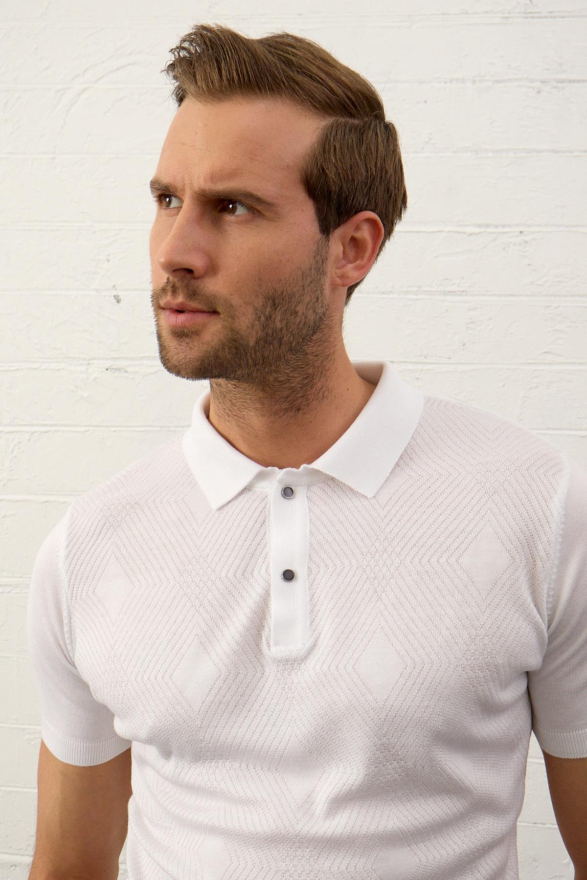 Erkek Çıtçıt Kapamalı Slim-Fit Yazlık Triko T-shirt Beyaz 5001DNGR