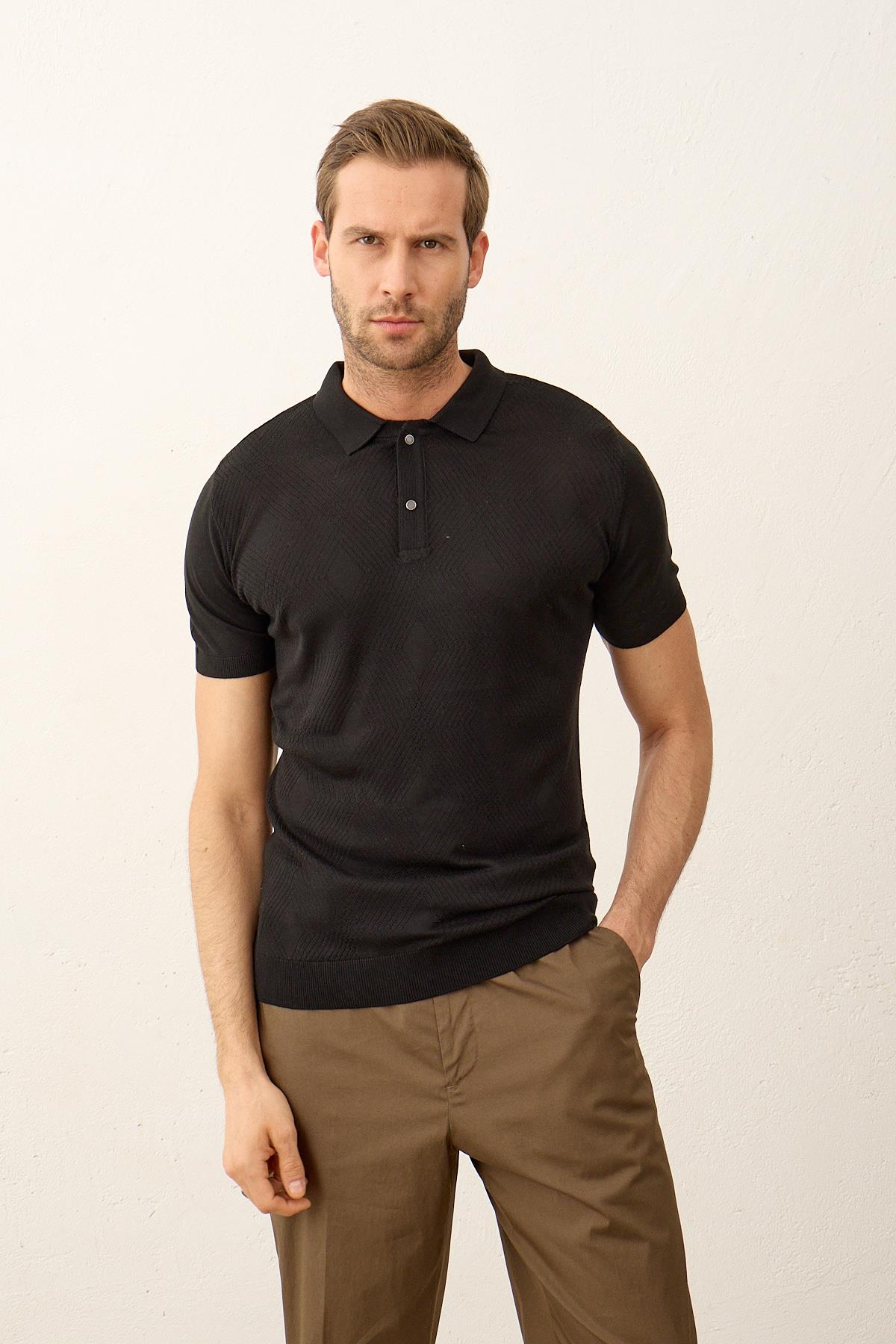 Erkek Çıtçıt Kapamalı Slim-Fit Yazlık Triko T-shirt Siyah 5001DNGR