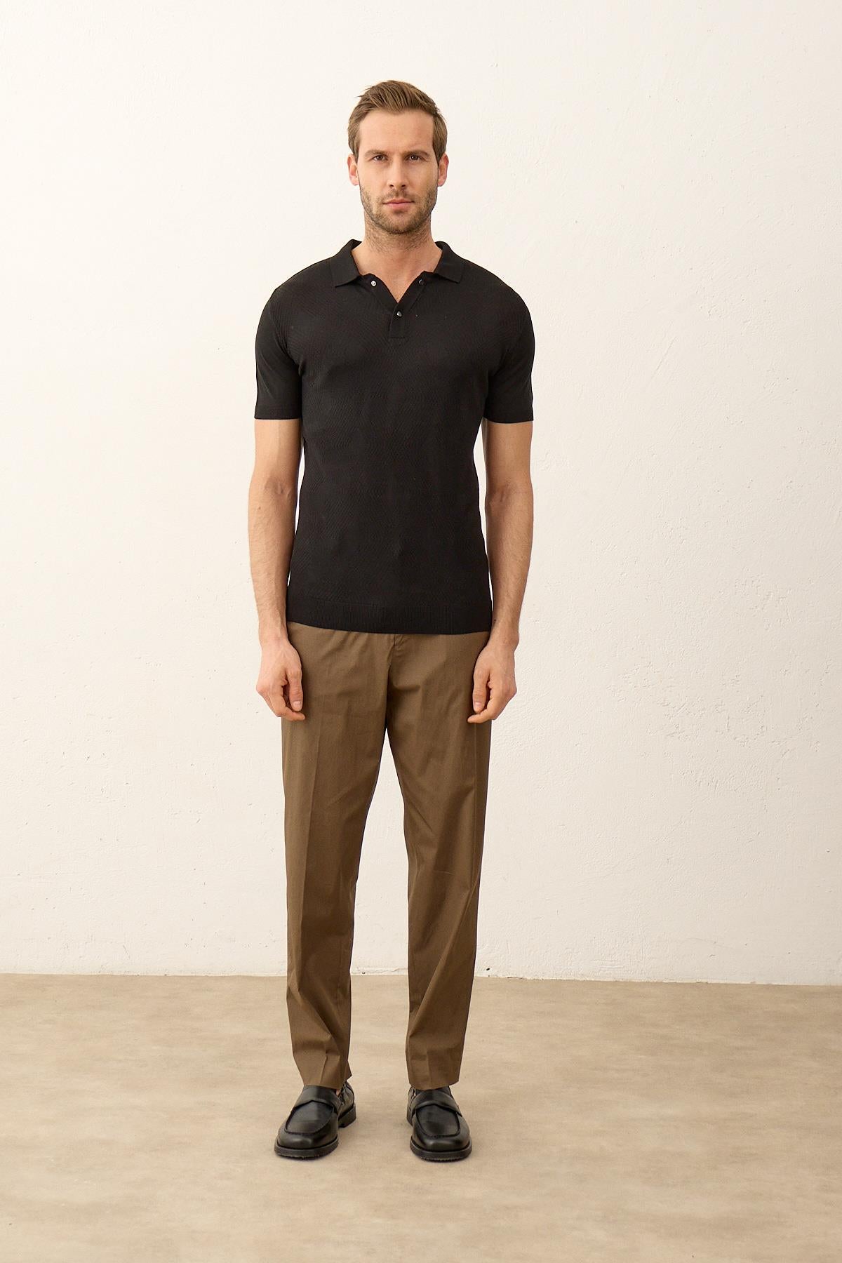 Erkek Çıtçıt Kapamalı Slim-Fit Yazlık Triko T-shirt Siyah 5001DNGR