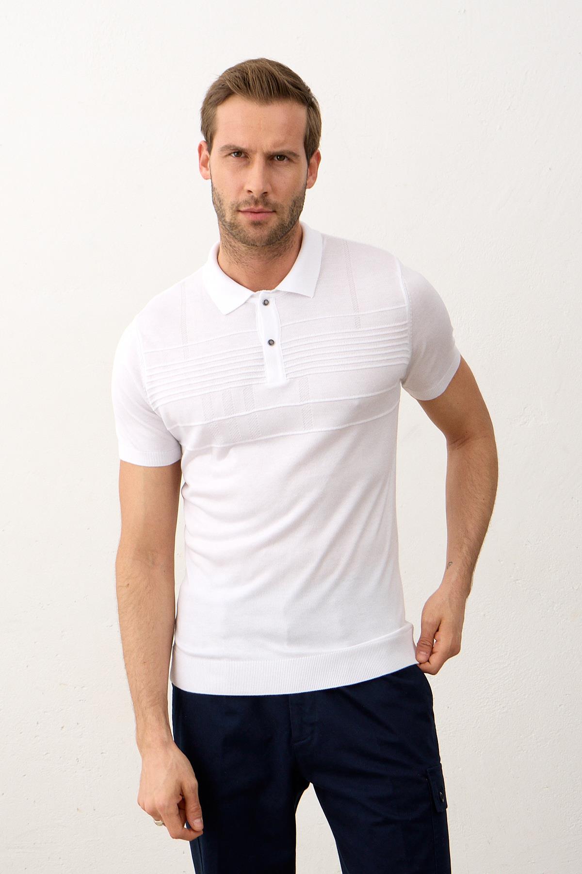 Erkek Çizgi Desenli Slim-Fit Yazlık Triko T-shirt Beyaz 5003DNGR