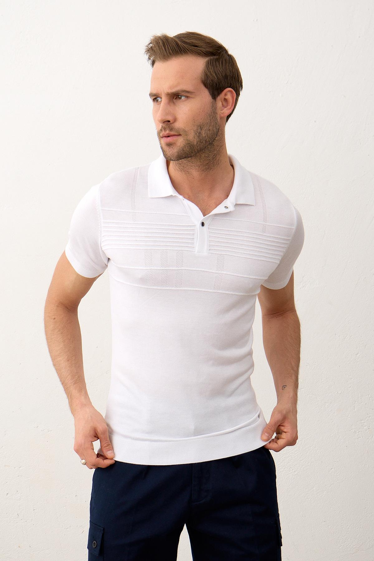 Erkek Çizgi Desenli Slim-Fit Yazlık Triko T-shirt Beyaz 5003DNGR