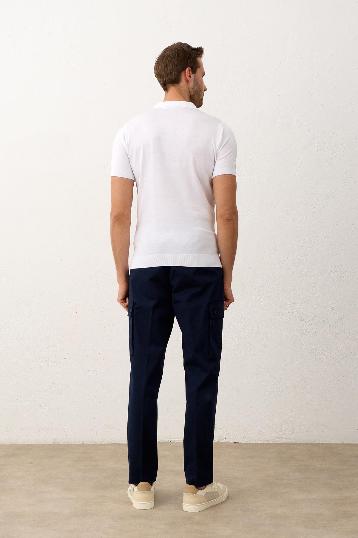 Erkek Çizgi Desenli Slim-Fit Yazlık Triko T-shirt Beyaz 5003DNGR