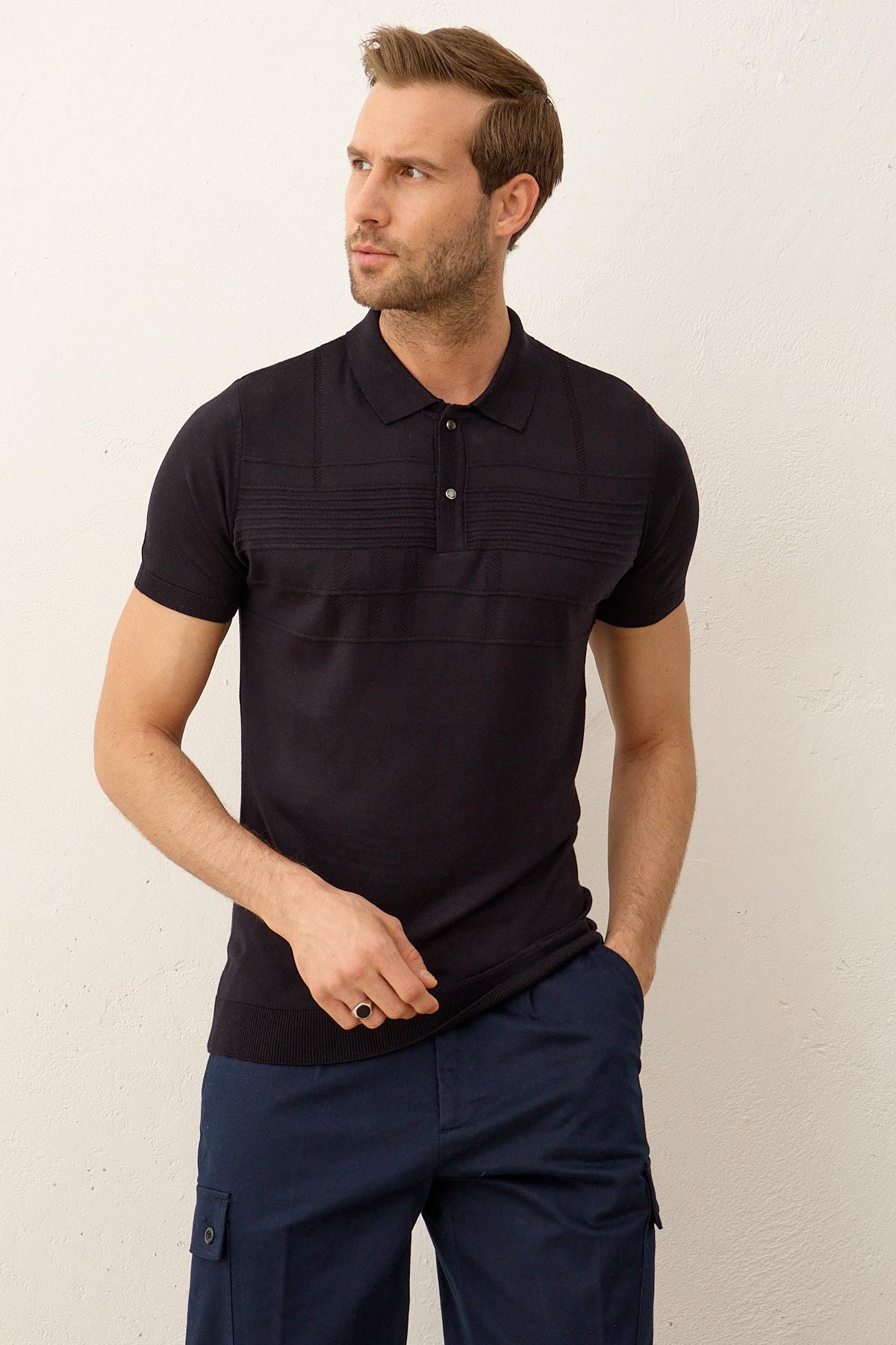 Erkek Çizgi Desenli Slim-Fit Yazlık Triko T-shirt Koyu Lacivert 5003DNGR