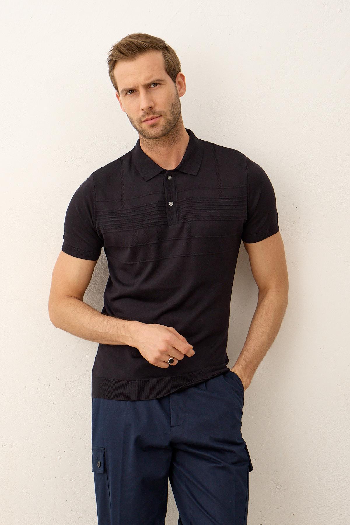 Erkek Çizgi Desenli Slim-Fit Yazlık Triko T-shirt Koyu Lacivert 5003DNGR