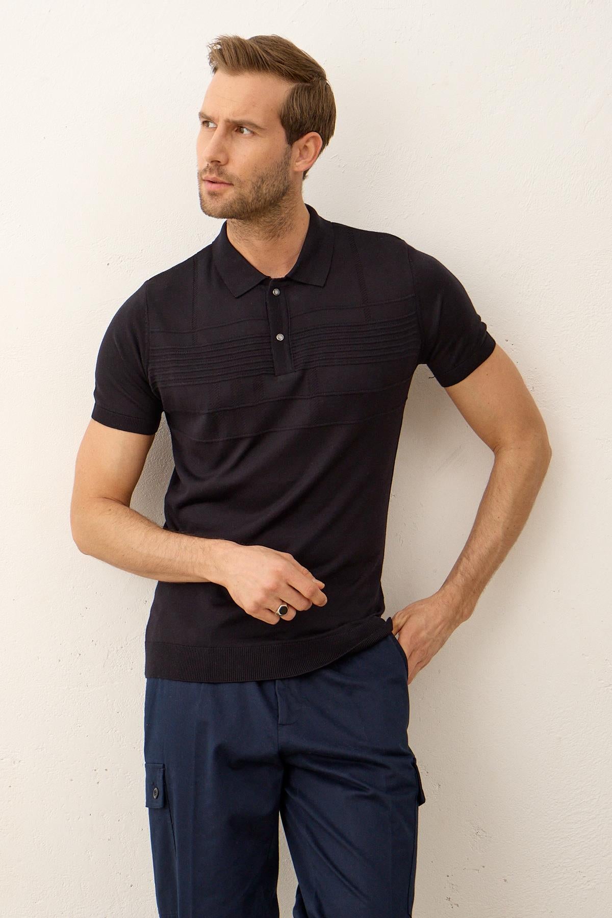 Erkek Çizgi Desenli Slim-Fit Yazlık Triko T-shirt Koyu Lacivert 5003DNGR