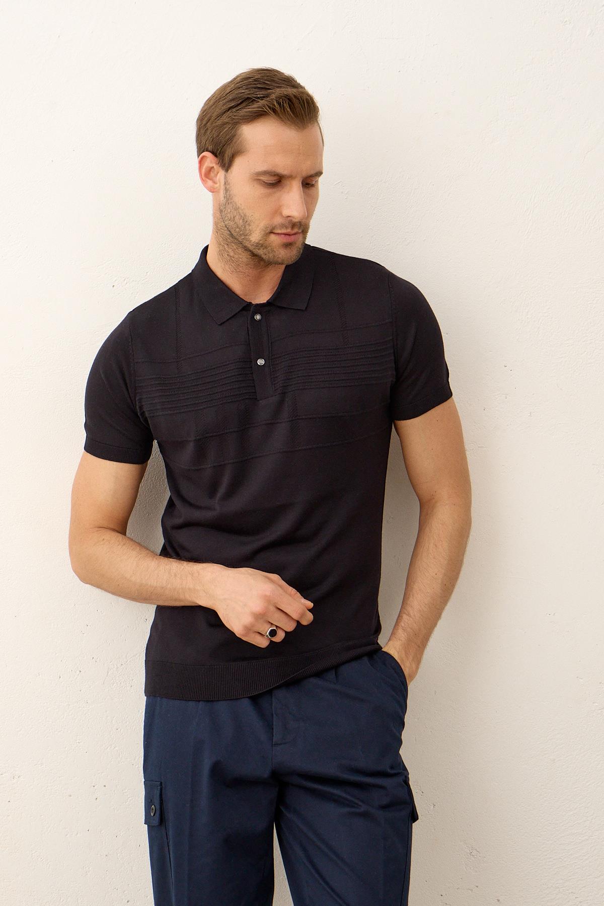 Erkek Çizgi Desenli Slim-Fit Yazlık Triko T-shirt Koyu Lacivert 5003DNGR