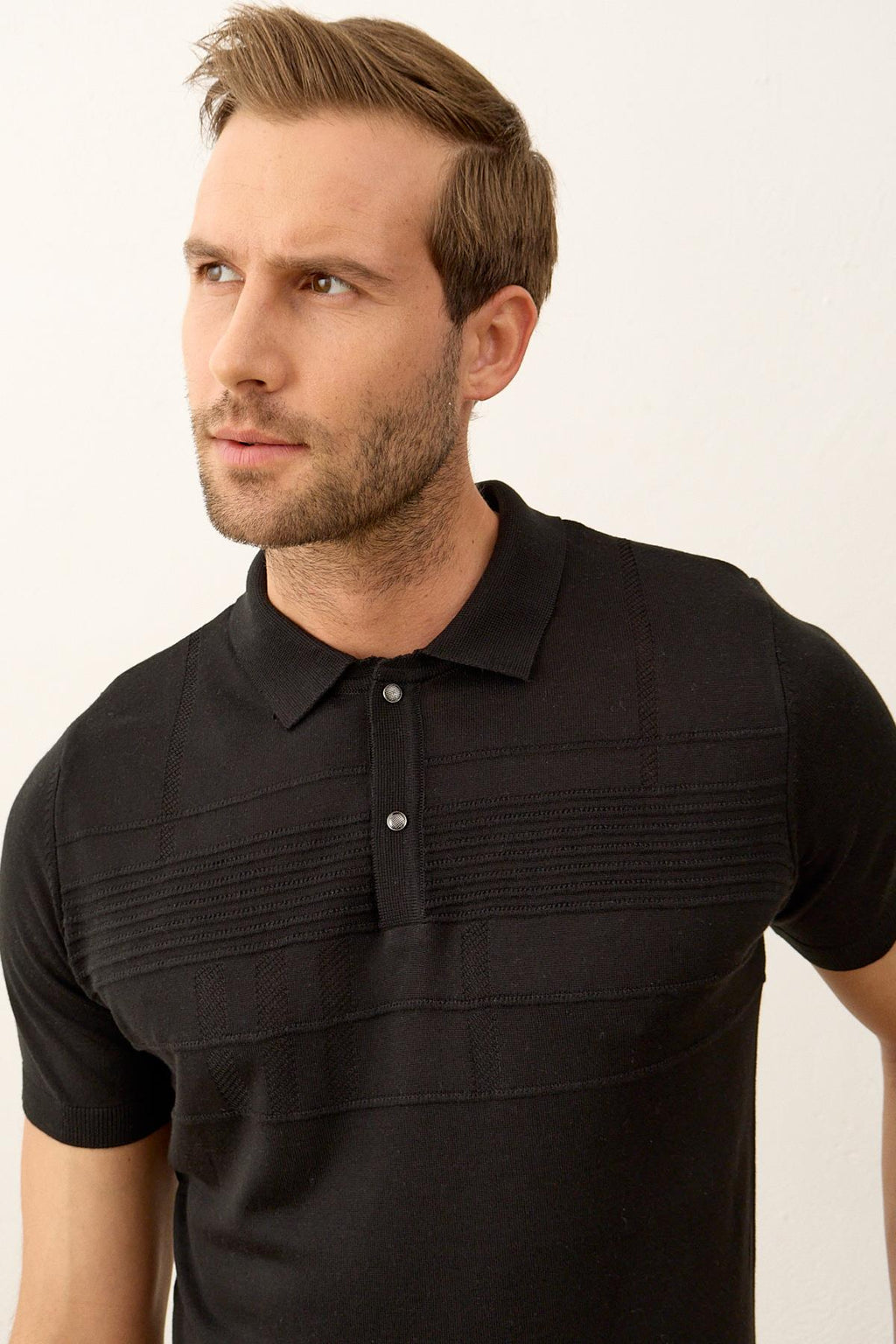 Erkek Çizgi Desenli Slim-Fit Yazlık Triko T-shirt Siyah 5003DNGR