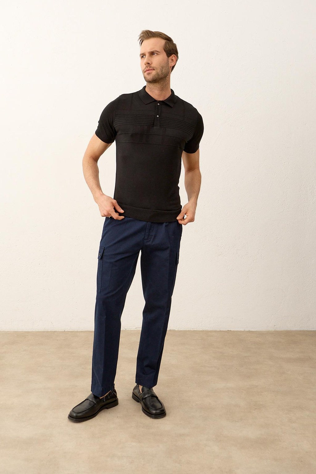 Erkek Çizgi Desenli Slim-Fit Yazlık Triko T-shirt Siyah 5003DNGR