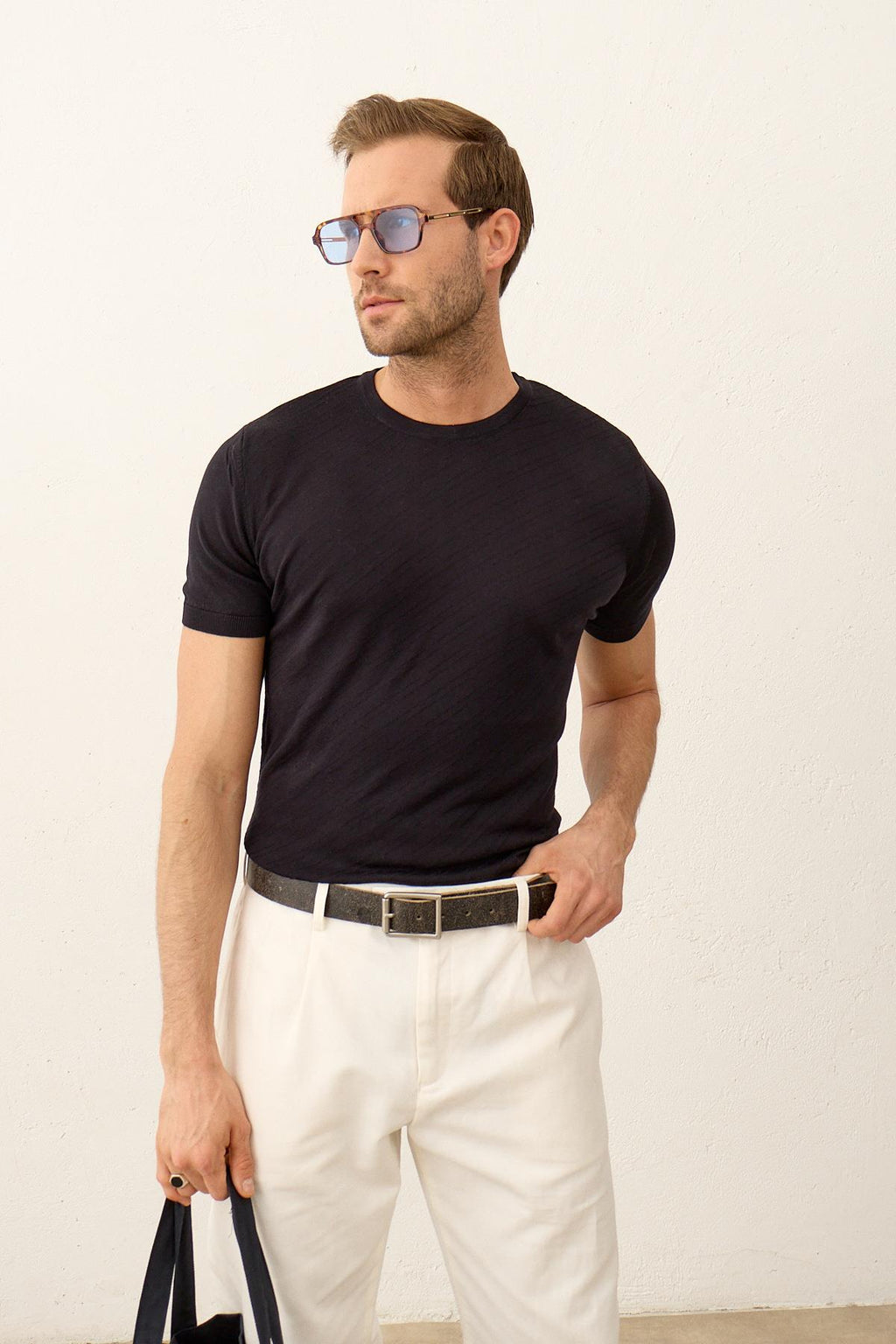 Erkek Çizgili Bisiklet Yaka Slim-Fit İnce Triko TişörtKoyu Lacivert 5013DNGR