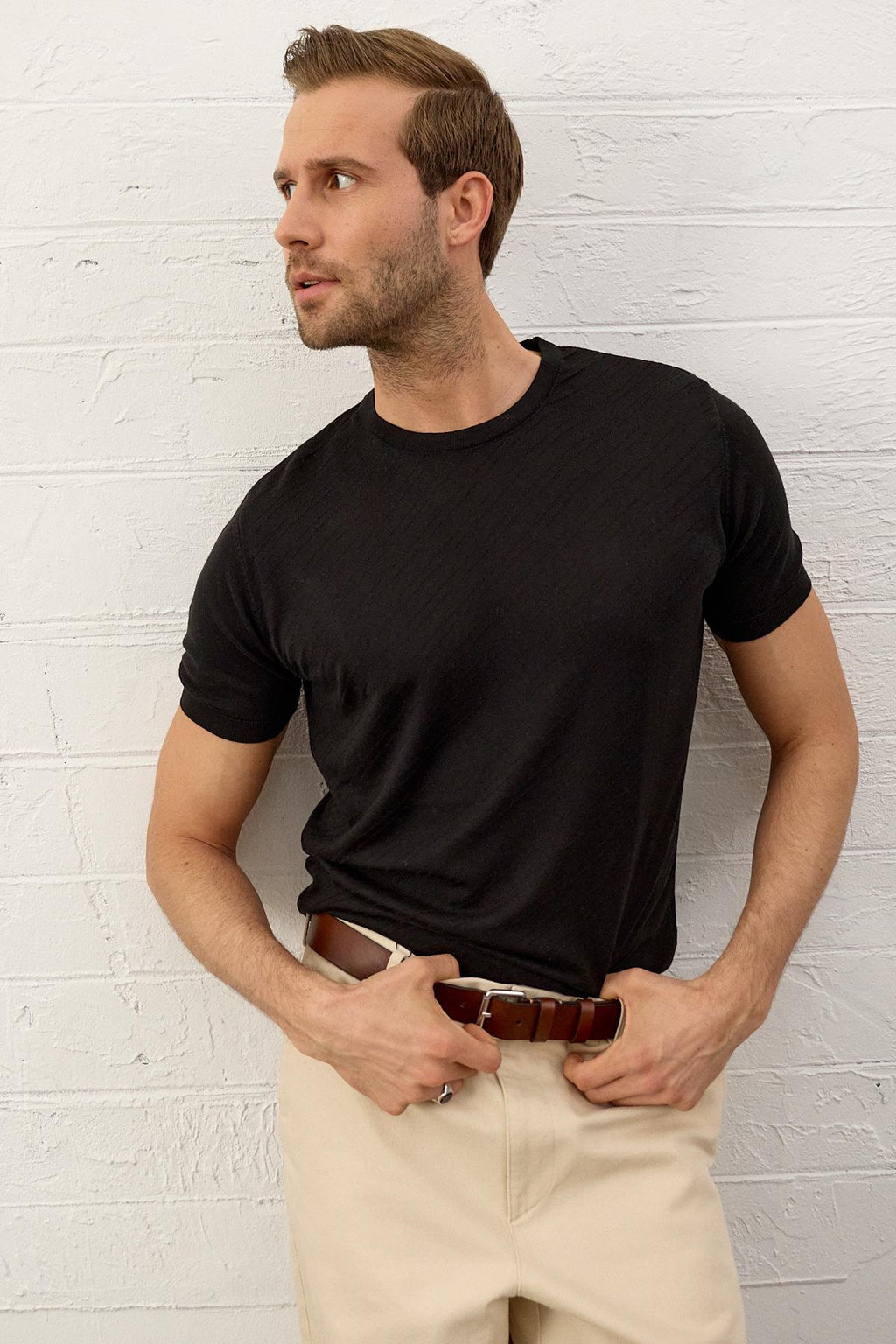 Erkek Çizgili Bisiklet Yaka Slim-Fit İnce Triko TişörtSiyah 5013DNGR