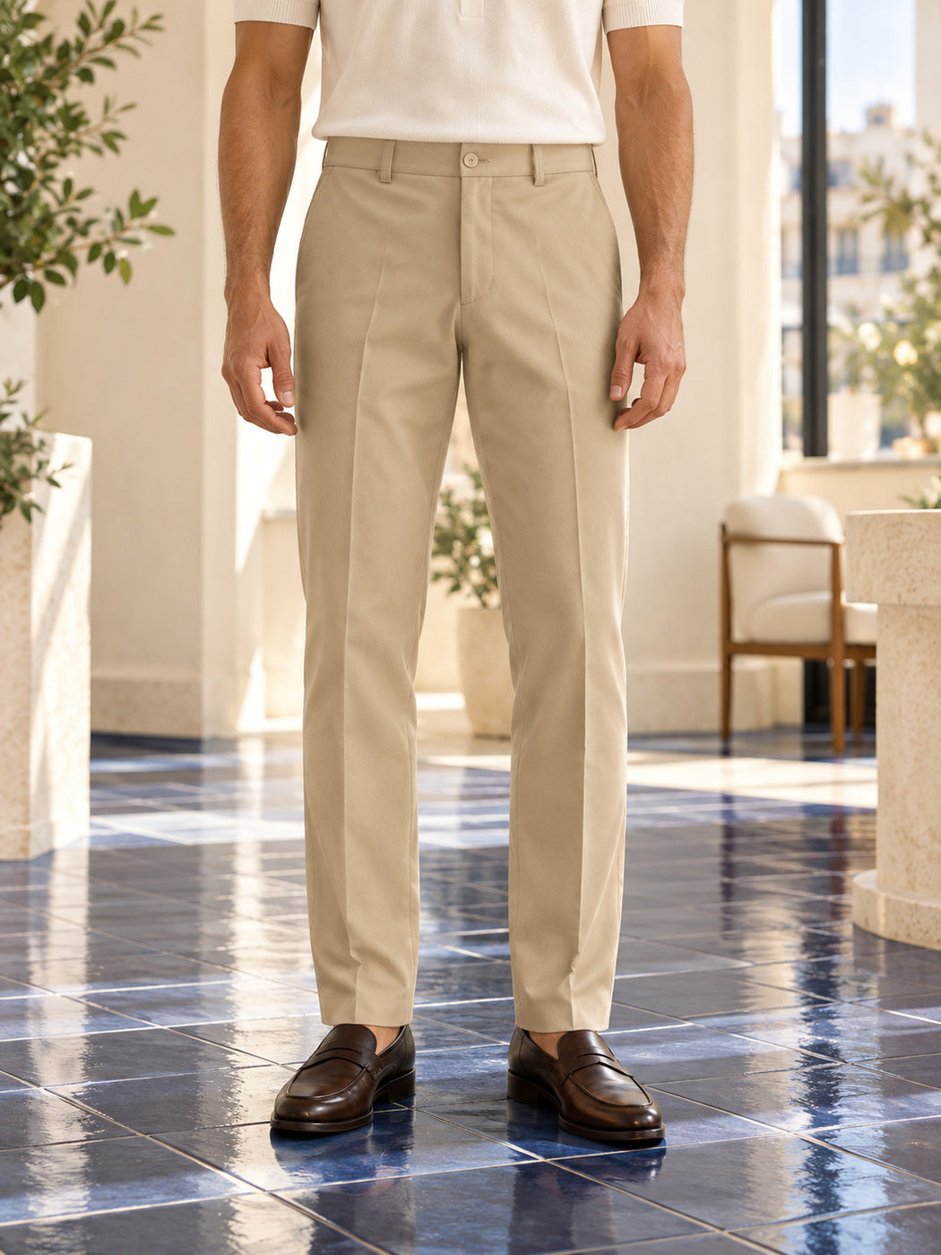 Erkek Comfort Fit Dokulu Chino Pantolon Bej 0173DNGR