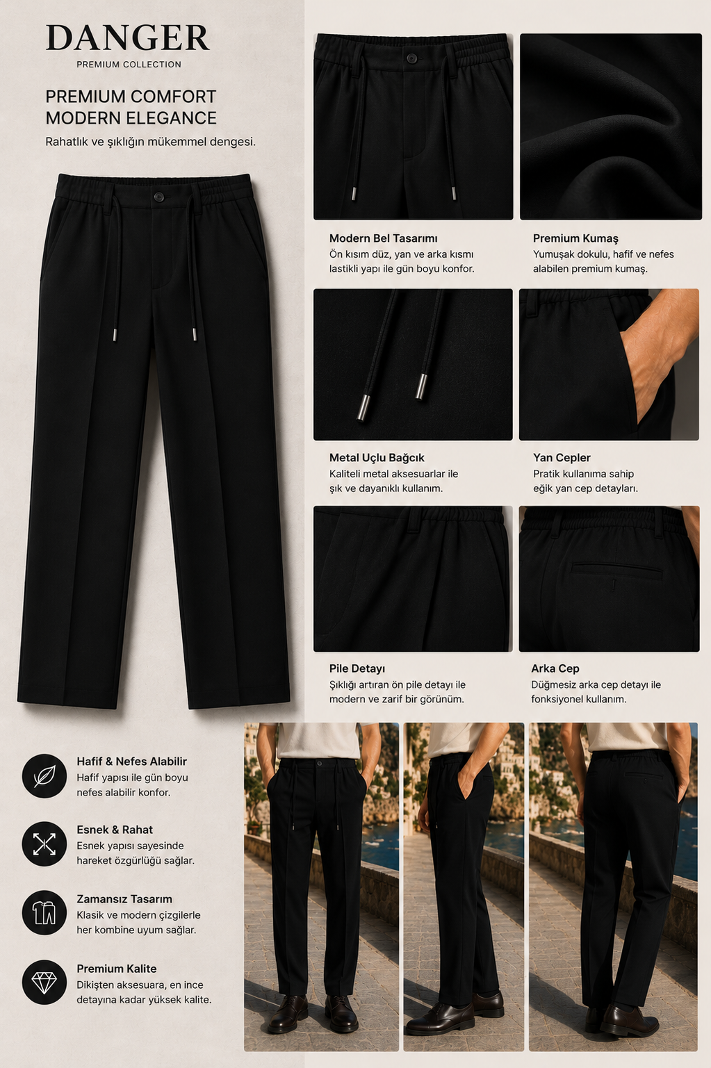 Erkek Comfort Fit Siyah Jogger Pantolon | Esnek Kumaş Günlük Rahat Kesim – 169DNGR