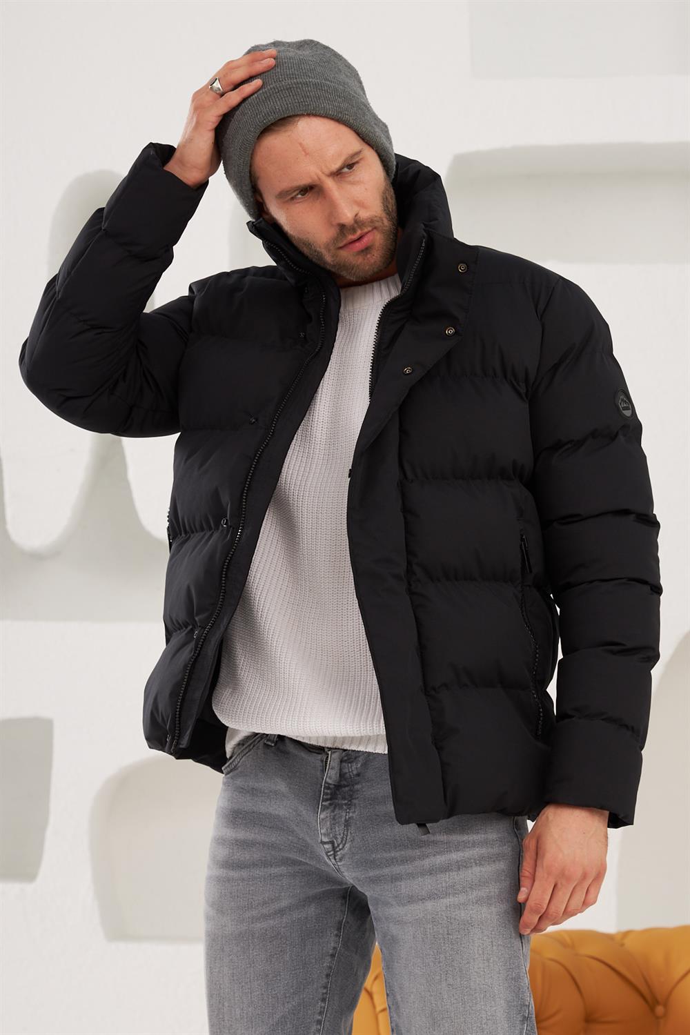 Erkek Dik Yaka Yağmur Ve Rüzgar Geçirmez Puffer Mont Siyah 775DNGR
