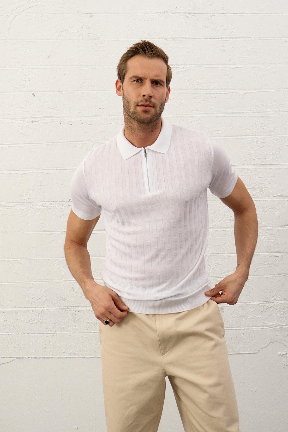 Erkek Fermuarlı Slim-Fit Polo Yaka İnce Triko T-shirt Beyaz 5011DNGR