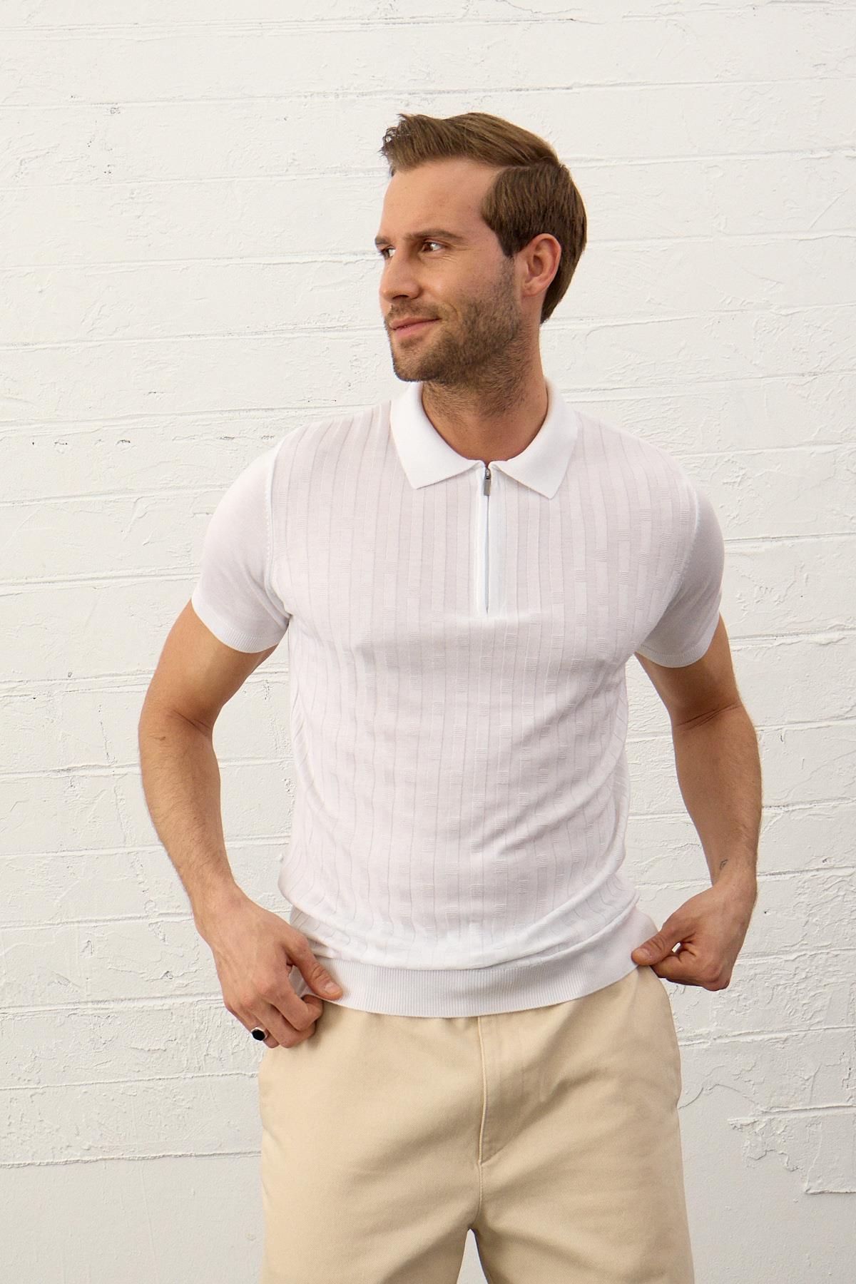 Erkek Fermuarlı Slim-Fit Polo Yaka İnce Triko T-shirt Beyaz 5011DNGR