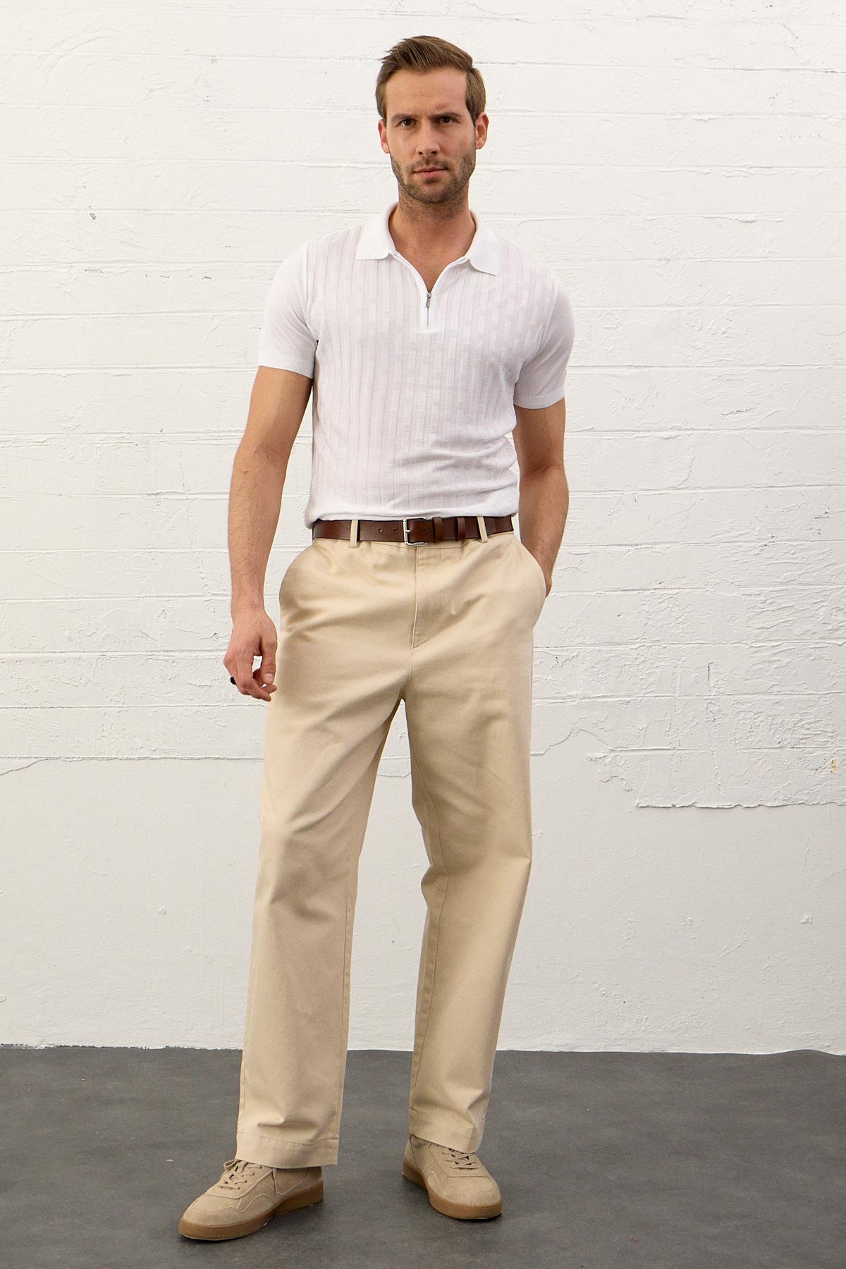 Erkek Fermuarlı Slim-Fit Polo Yaka İnce Triko T-shirt Beyaz 5011DNGR
