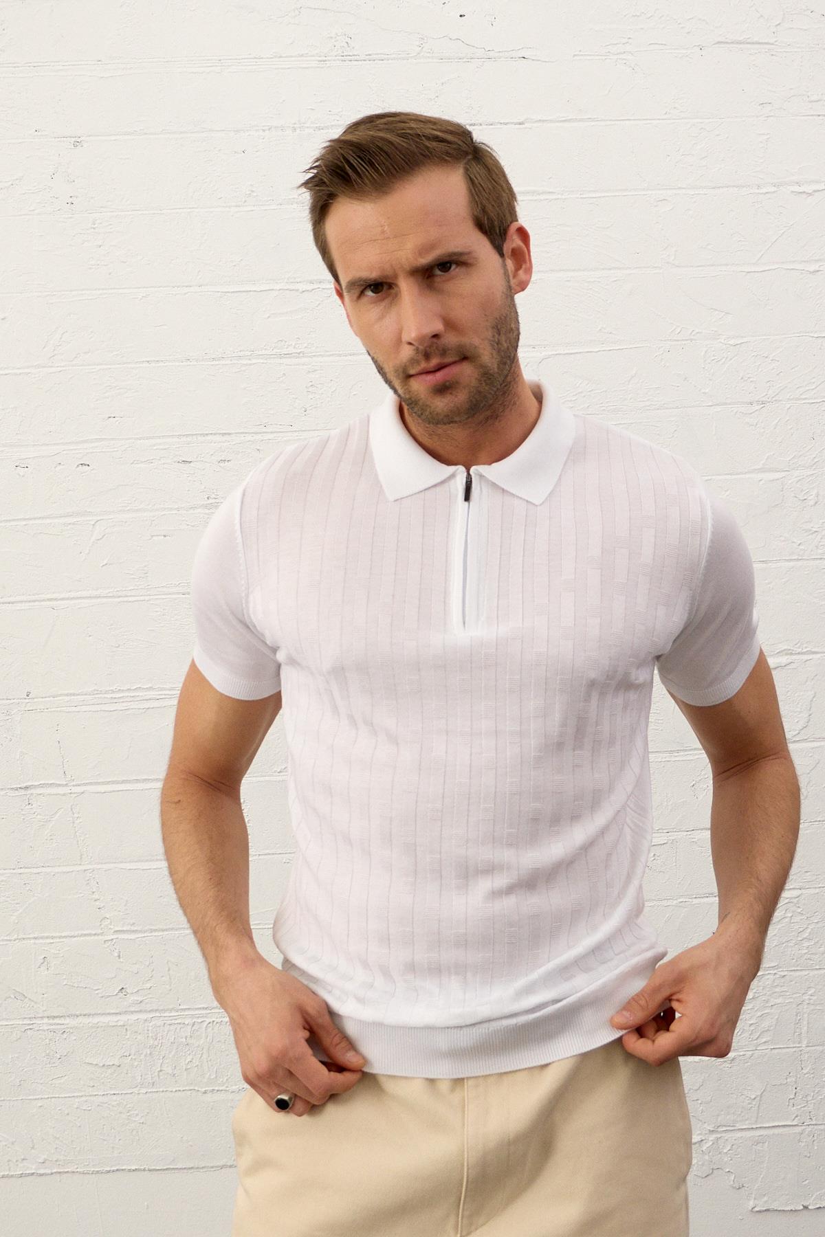 Erkek Fermuarlı Slim-Fit Polo Yaka İnce Triko T-shirt Beyaz 5011DNGR