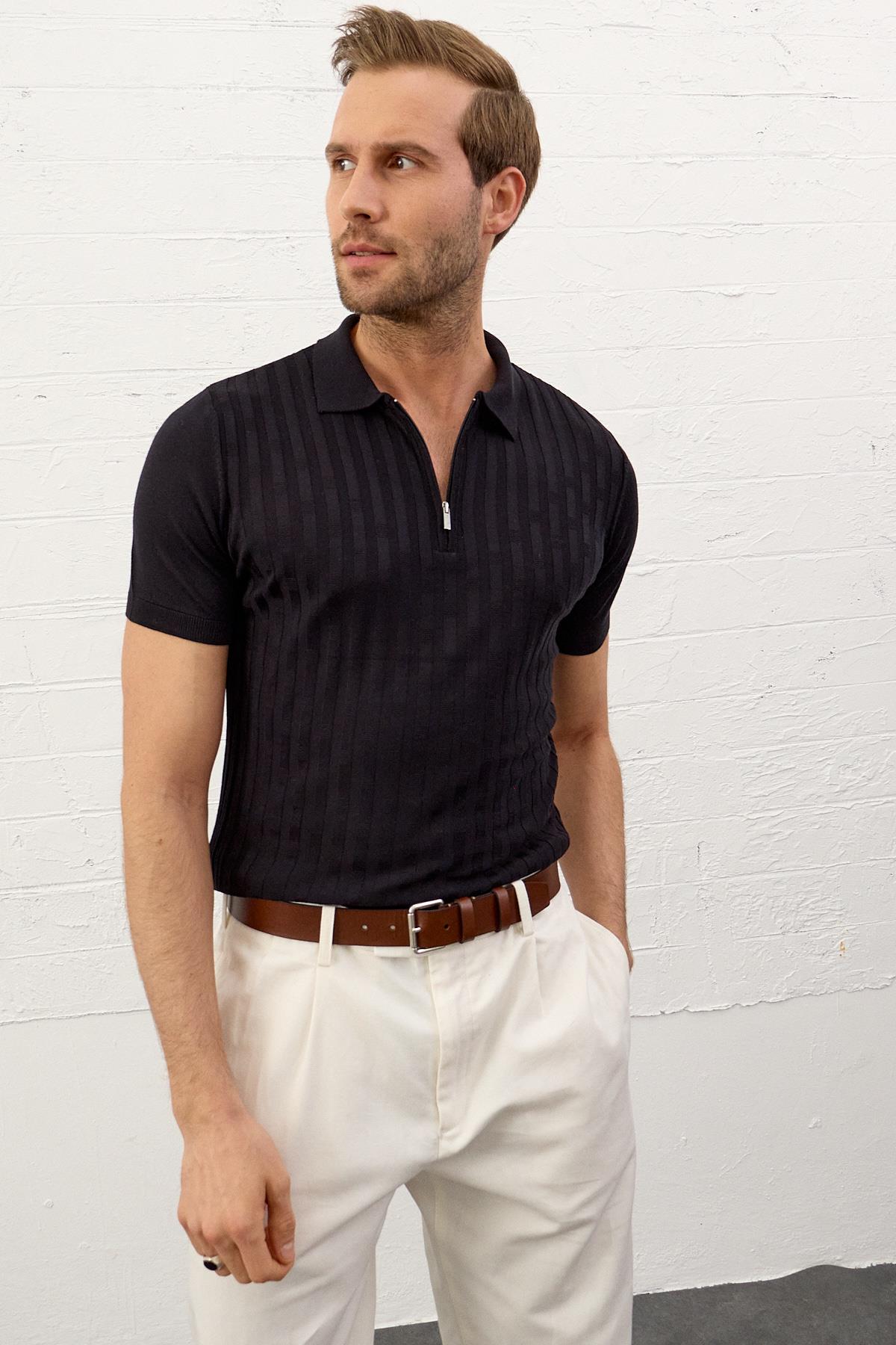 Erkek Fermuarlı Slim-Fit Polo Yaka İnce Triko T-shirt Koyu Lacivert 5011DNGR